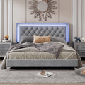 Queen Size Upholstered Bed Frame With Led Lights,Modern Velvet Platform Bed With Tufted Headboard,Gray Gray Velvet
