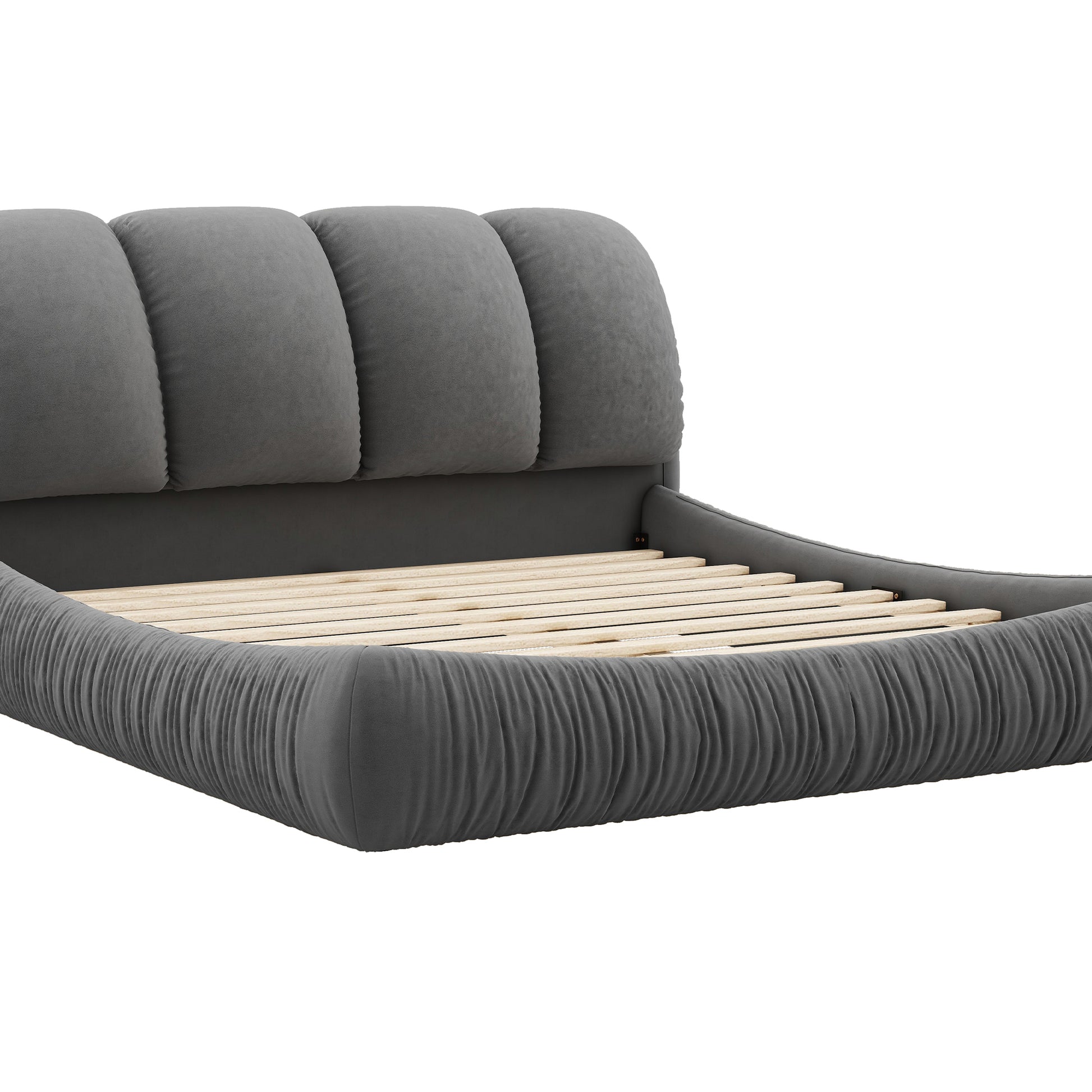 King Size Luxury Upholstered Bed With Thick Headboard, Velvet King Bed With Oversized Padded Backrest, Gray Expect Arrive Date 2024 3 15 King Gray Velvet
