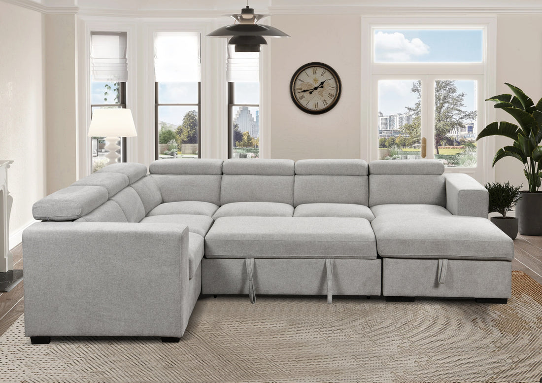 123" Modern U Shaped 7 Seat Sectional Sofa Couch With Adjustable Headrest, Sofa Bed With Storage Chaise Pull Out Couch Bed For Living Room ,Light Gray Light Brown Wood Primary Living Space Heavy Duty Eucalyptus 7 Seat Light Gray Polyester Soft Cushion