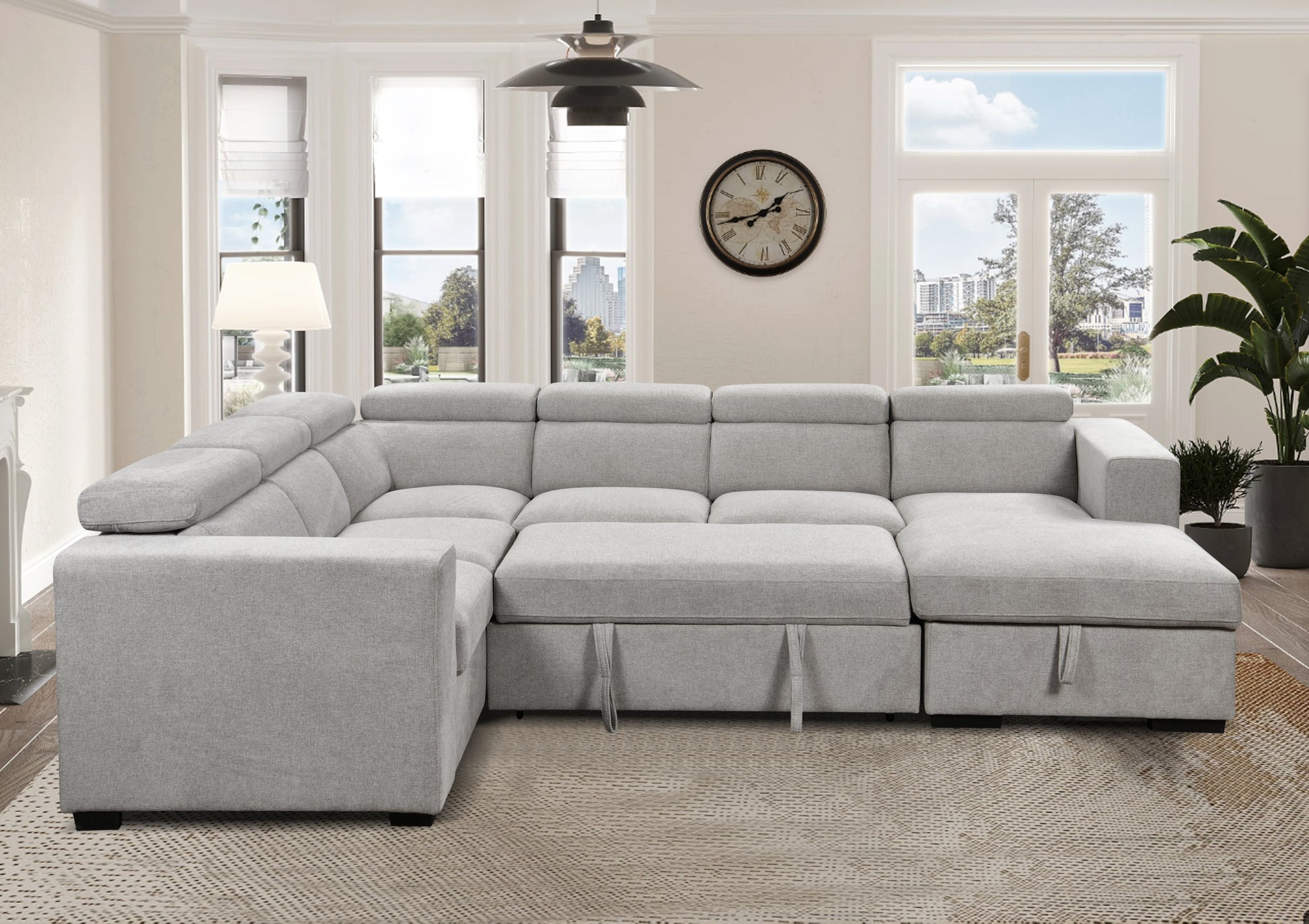 123" Modern U Shaped 7 Seat Sectional Sofa Couch With Adjustable Headrest, Sofa Bed With Storage Chaise Pull Out Couch Bed For Living Room ,Light Gray Light Brown Wood Primary Living Space Heavy Duty Eucalyptus 7 Seat Light Gray Polyester Soft Cushion