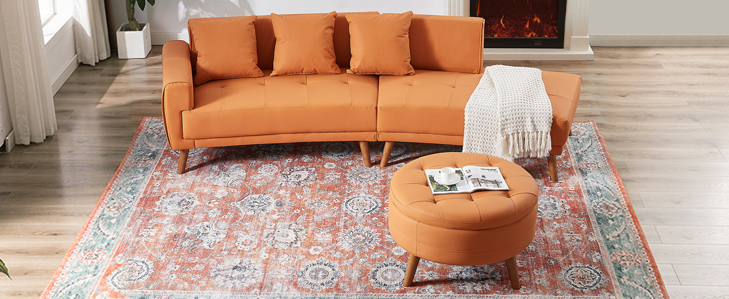 107" Contemporary Sofa Stylish Sofa Couch With A Round Storage Ottoman And Three Removable Pillows For Living Room, Orange Orange Pu