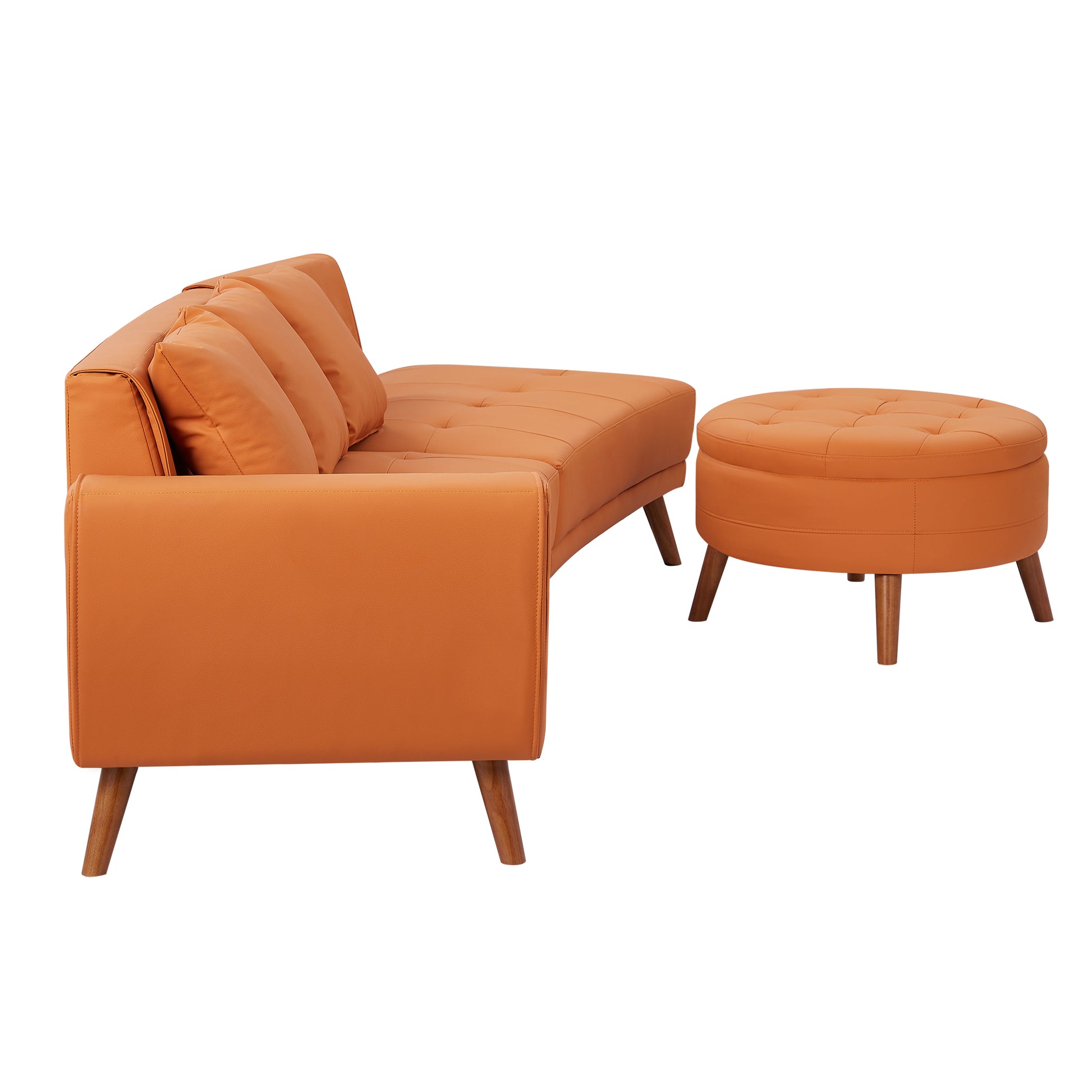 107" Contemporary Sofa Stylish Sofa Couch With A Round Storage Ottoman And Three Removable Pillows For Living Room, Orange Orange Pu