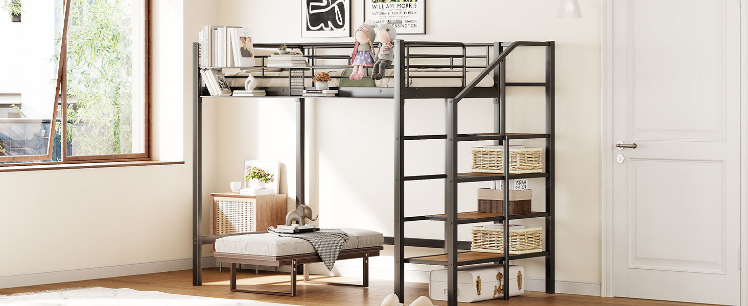 Twin Size Metal Loft Bed With Upper Grid Storage Shelf And Lateral Storage Ladder, Black Black Mdf Metal