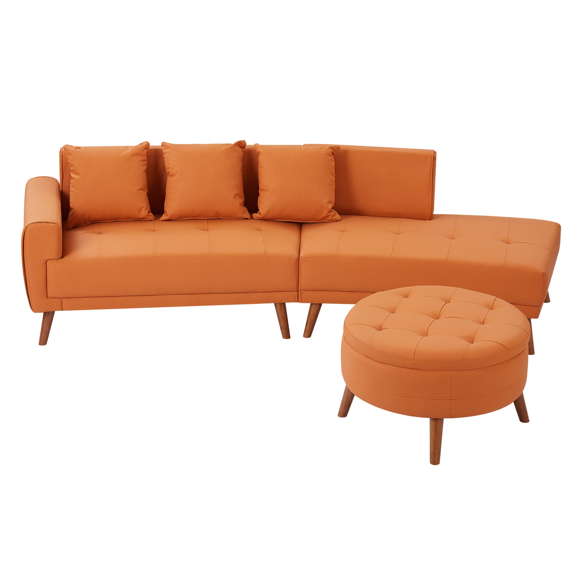 107" Contemporary Sofa Stylish Sofa Couch With A Round Storage Ottoman And Three Removable Pillows For Living Room, Orange Orange Pu