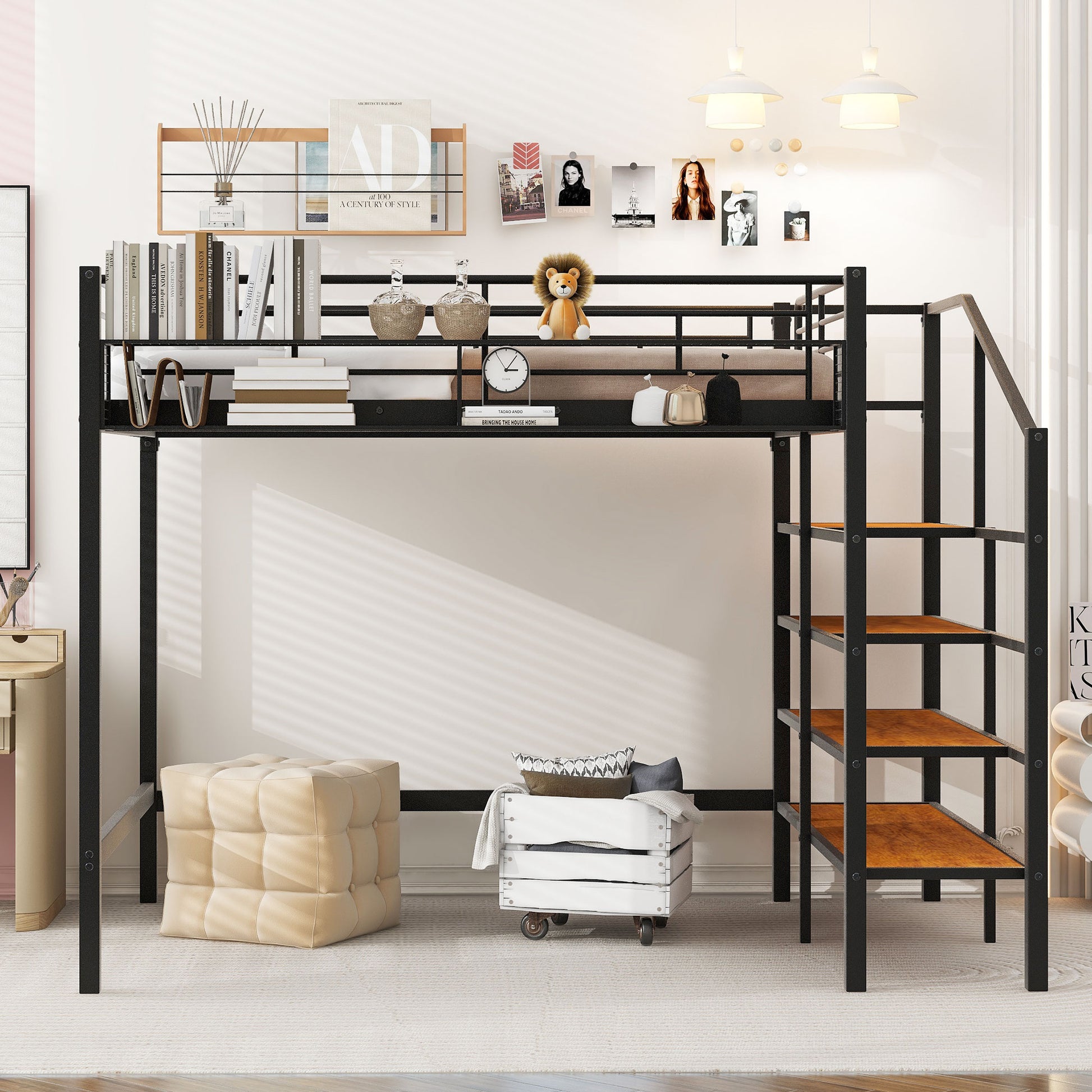 Full Size Metal Loft Bed With Upper Grid Storage Shelf And Lateral Storage Ladder, Black Black Mdf Metal