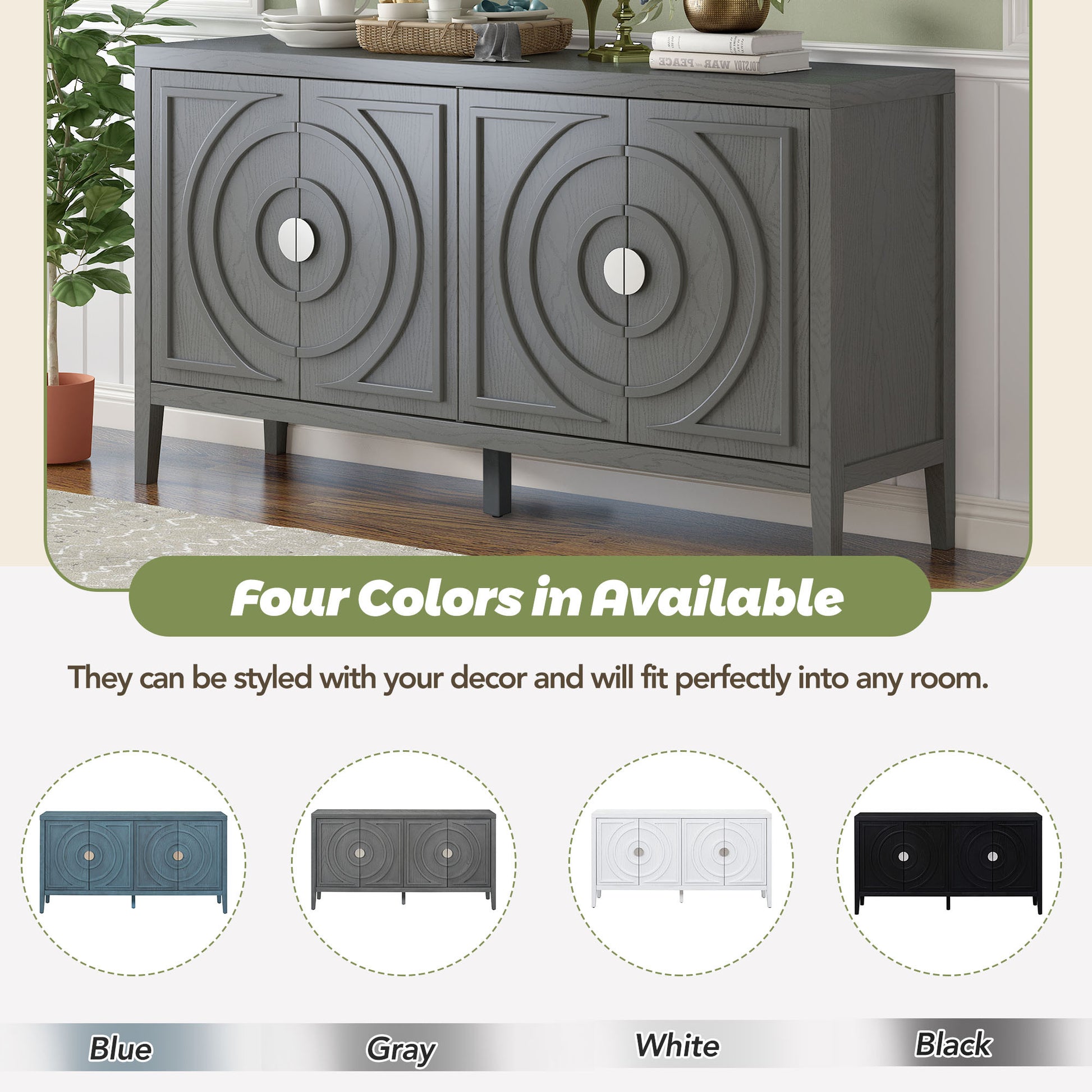 Retro Sideboard Door With Circular Groove Design Round Metal Door Handle For Entrance, Dinning Room, Living Room Gray Gray Mdf