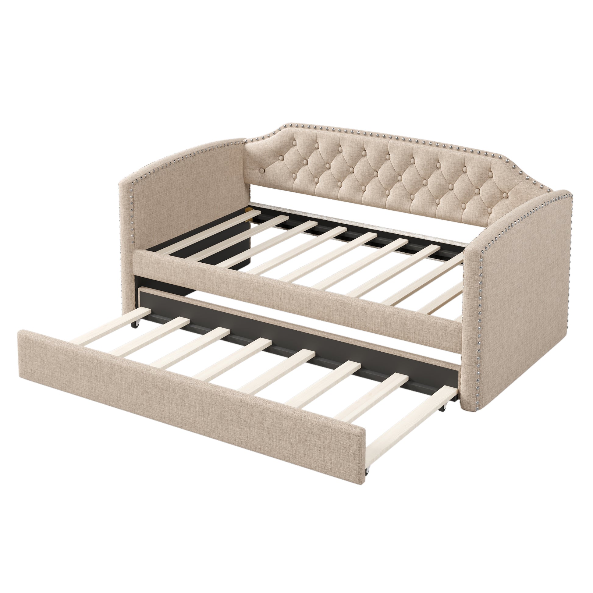 Twin Size Upholstered Daybed With Trundle For Guest Room, Small Bedroom, Study Room, Beige Box Spring Not Required Twin Beige Wood Bedroom Traditional Daybeds Linen Upholstered