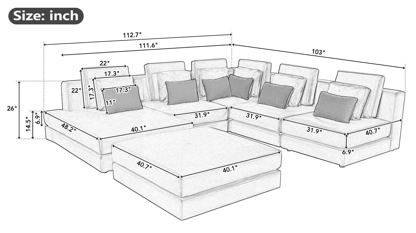 112.7" Modular Sectional Sofa Corner Sofa Chaise Lounge With Movable Ottoman For Living Room, Black Black Foam Palomino Fabric