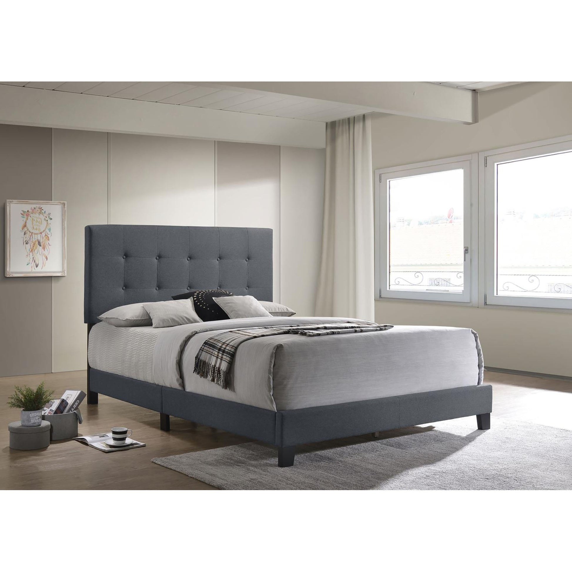 Grey Tufted Full Panel Bed Box Spring Required Full Grey Wood Bedroom Transitional Panel Foam Upholstered