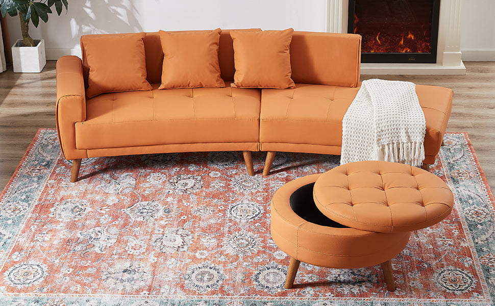 107" Contemporary Sofa Stylish Sofa Couch With A Round Storage Ottoman And Three Removable Pillows For Living Room, Orange Orange Pu