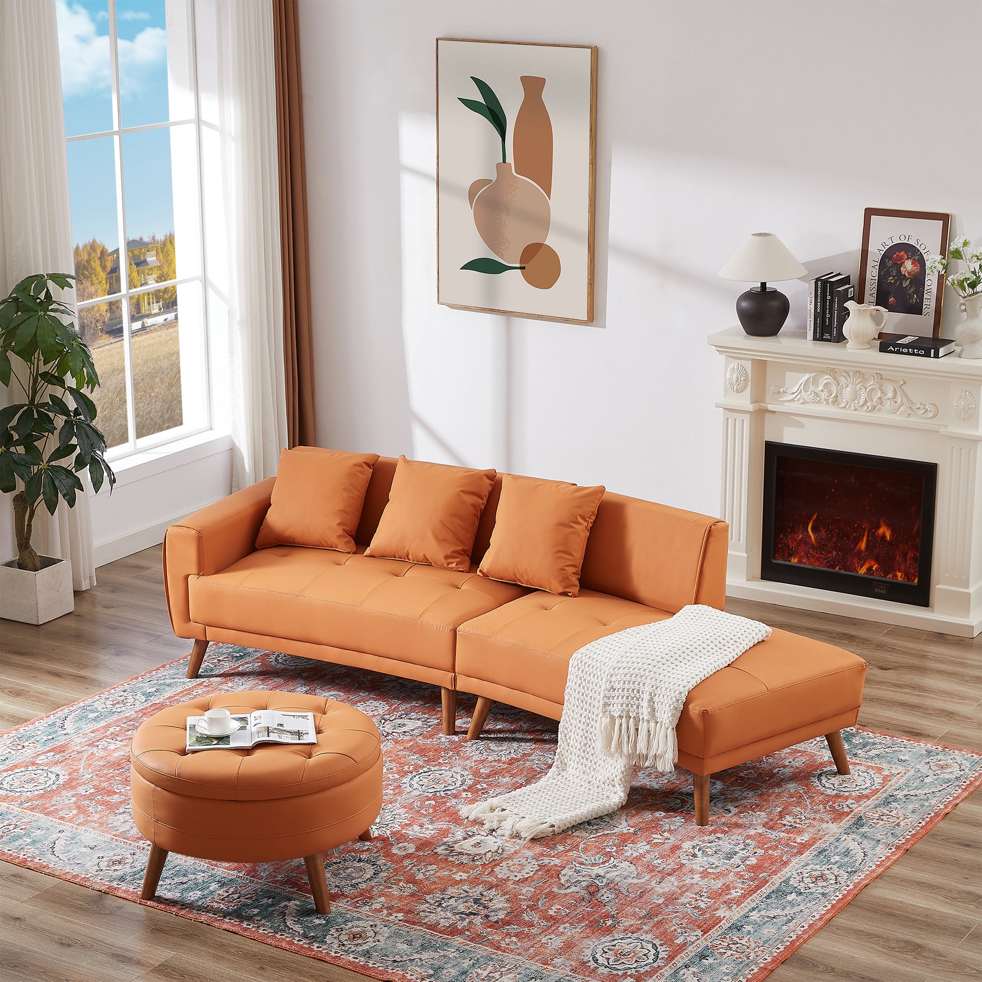 107" Contemporary Sofa Stylish Sofa Couch With A Round Storage Ottoman And Three Removable Pillows For Living Room, Orange Orange Pu