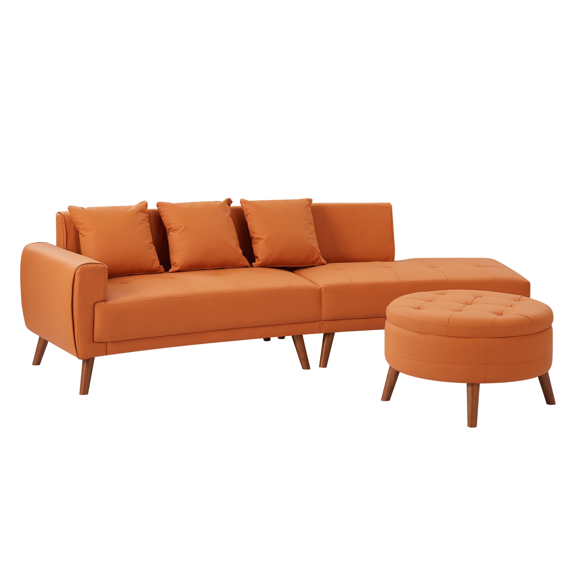107" Contemporary Sofa Stylish Sofa Couch With A Round Storage Ottoman And Three Removable Pillows For Living Room, Orange Orange Pu