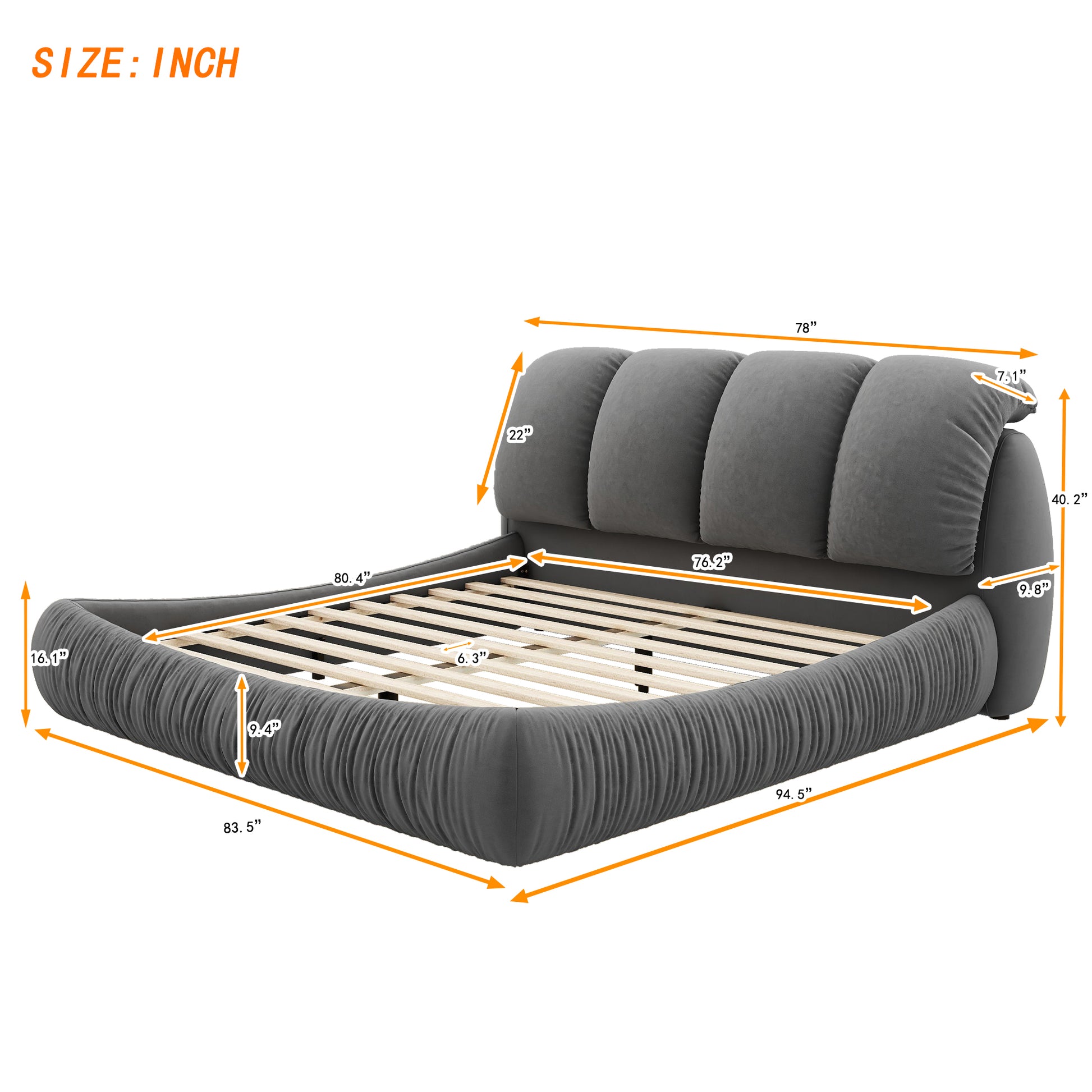 King Size Luxury Upholstered Bed With Thick Headboard, Velvet King Bed With Oversized Padded Backrest, Gray Expect Arrive Date 2024 3 15 King Gray Velvet