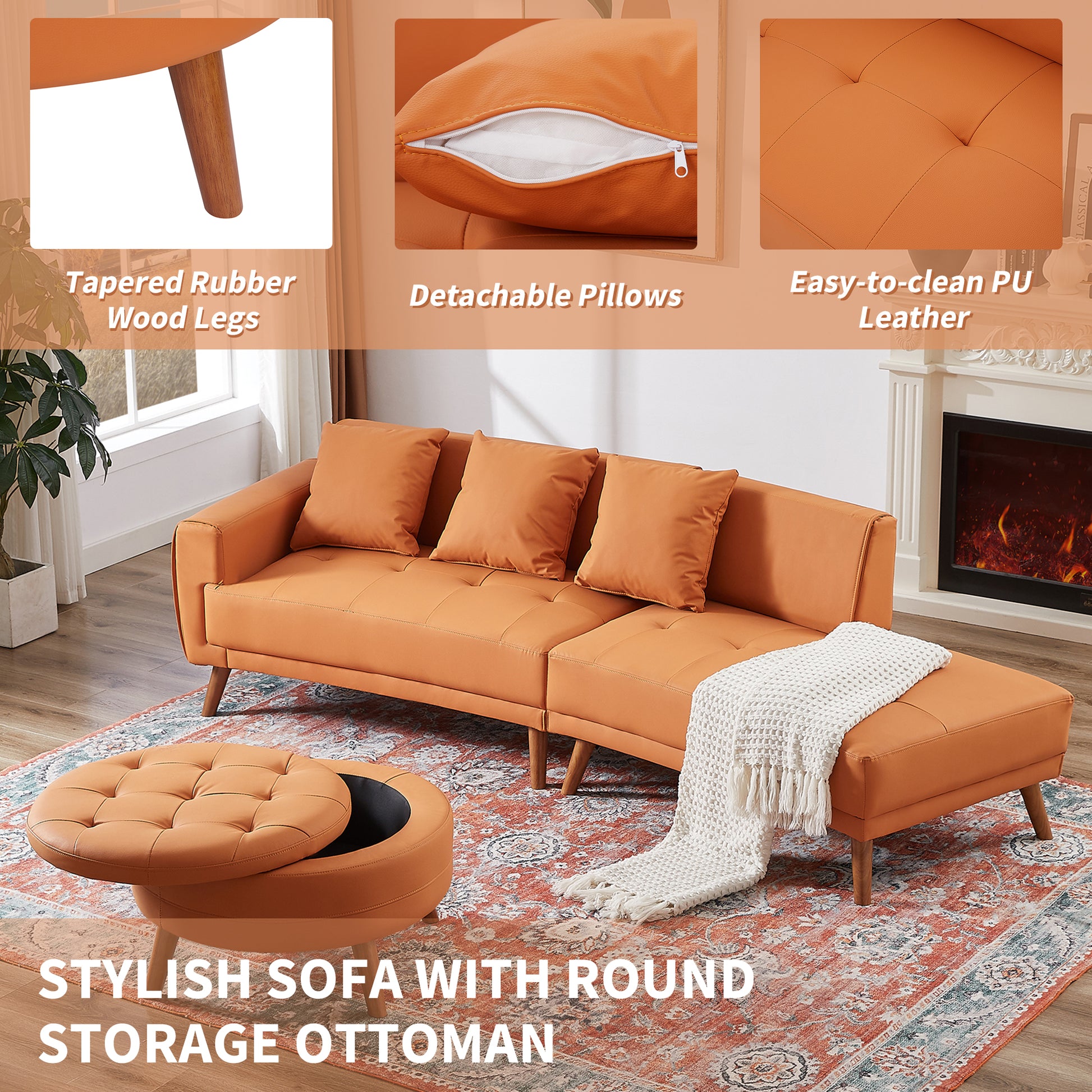 107" Contemporary Sofa Stylish Sofa Couch With A Round Storage Ottoman And Three Removable Pillows For Living Room, Orange Orange Pu