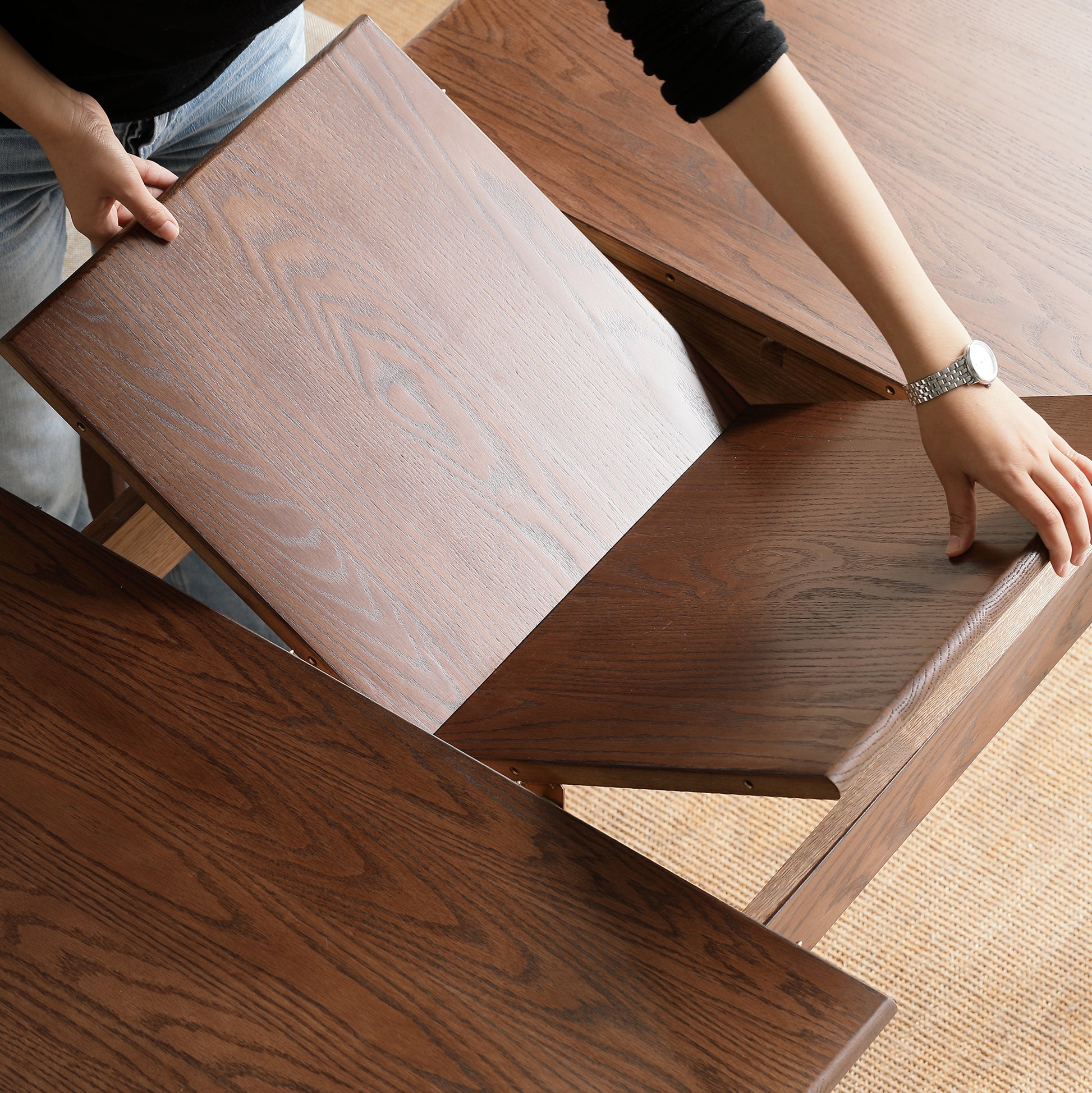 Walnut Color Solid Oak Round Corner Diagonal Leg Telescopic Table 1.2 1.6M, For 6 8 People To Meet Dining Table Wood Walnut Color Walnut Brown Writting Desk Triangular Dining Room Oak Rectangular Kitchen & Dining Tables Solid Wood