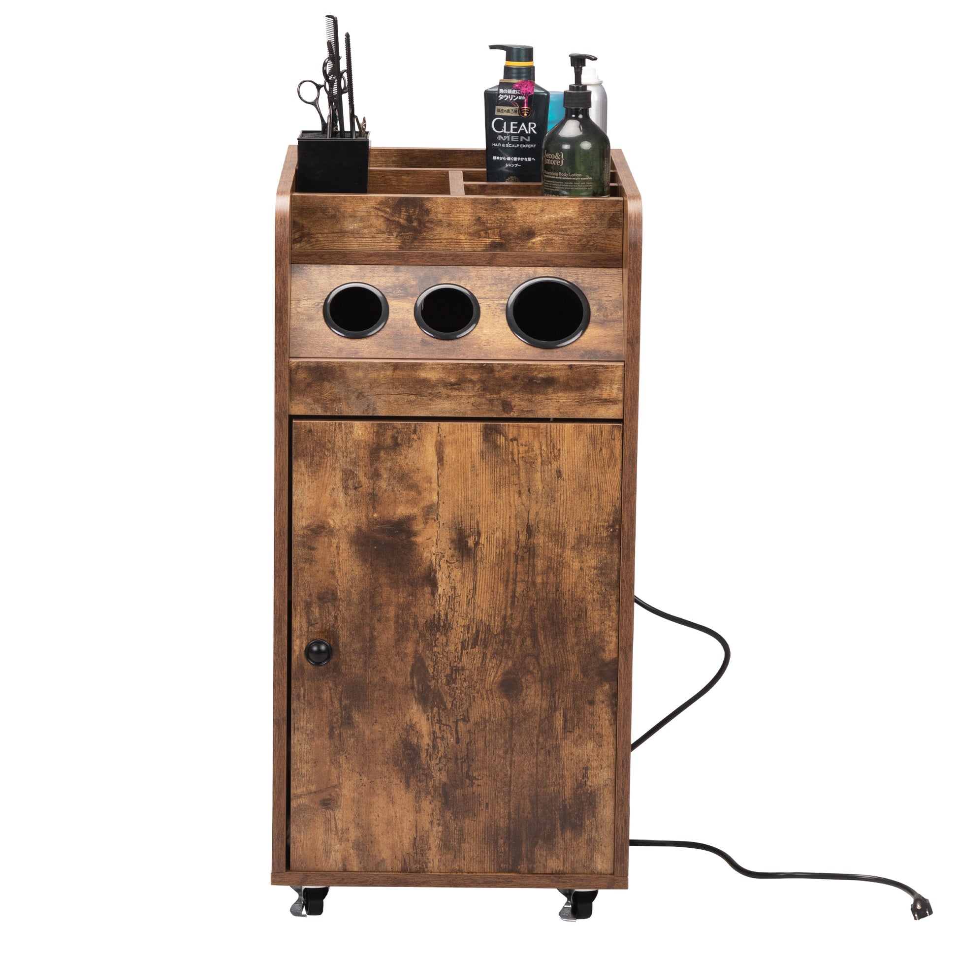 Beauty Salon Trolley, Hair Dressing Tool Storage Cart With Hair Dryer Holders And Power Strip, Rustic Brown Rustic Brown Particle Board