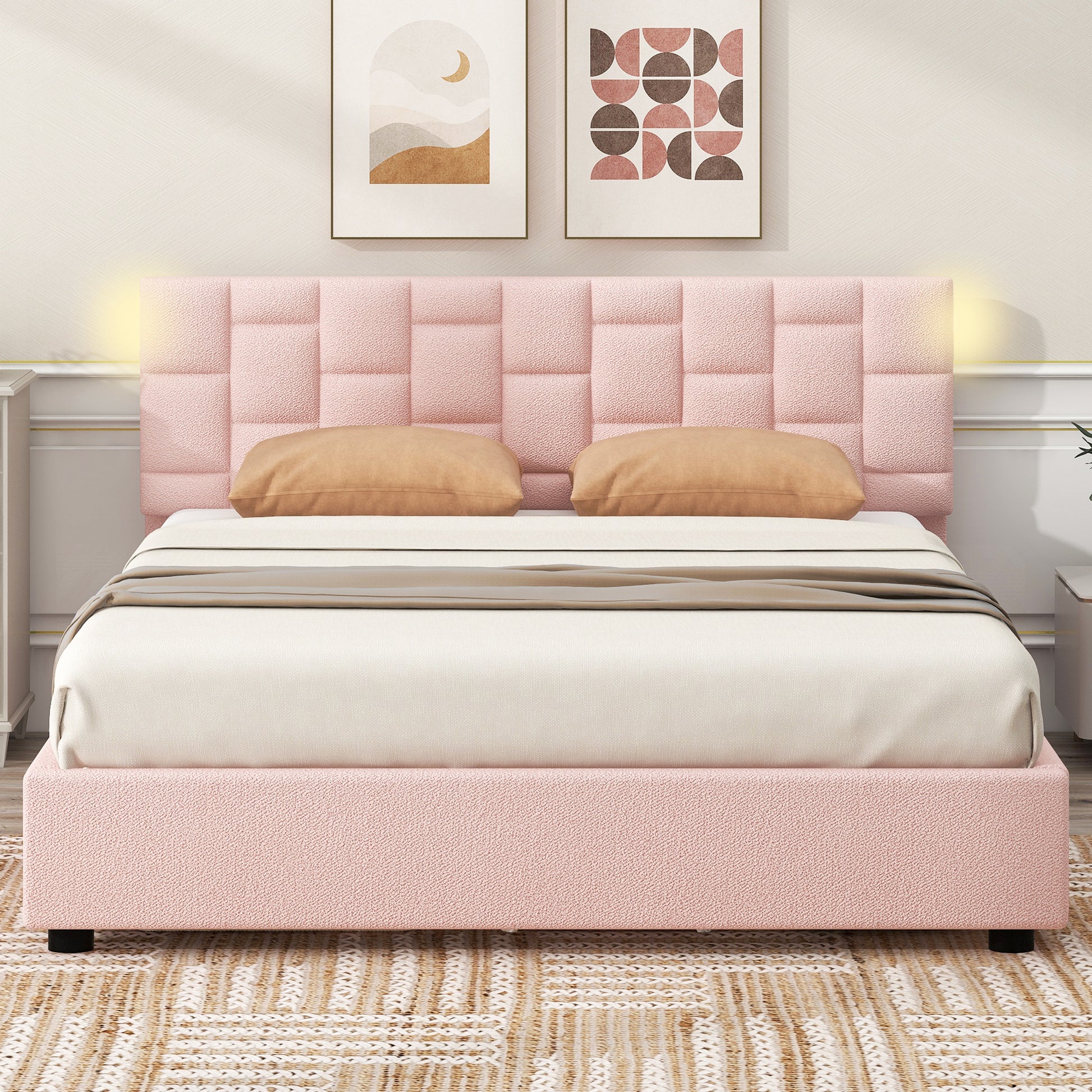 Queen Size Upholstered Platform Bed With Height Adjustable Headboard And Under Bed Storage Space,Pink Pink Upholstered