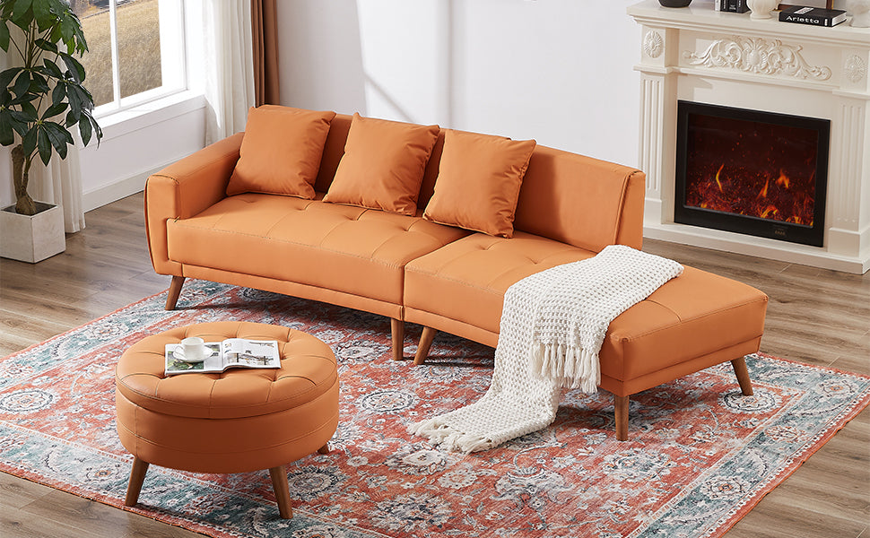 107" Contemporary Sofa Stylish Sofa Couch With A Round Storage Ottoman And Three Removable Pillows For Living Room, Orange Orange Pu