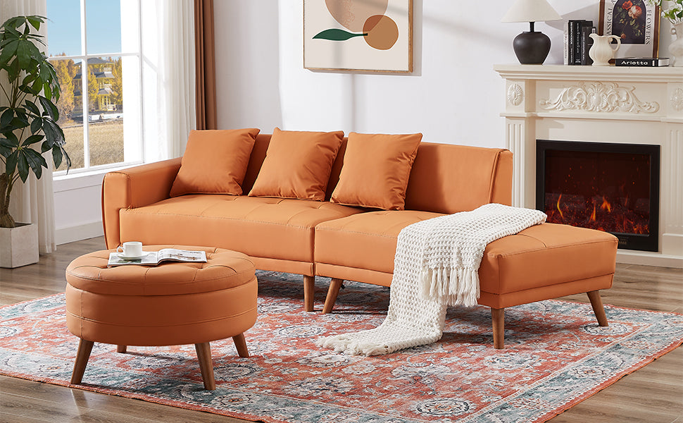107" Contemporary Sofa Stylish Sofa Couch With A Round Storage Ottoman And Three Removable Pillows For Living Room, Orange Orange Pu