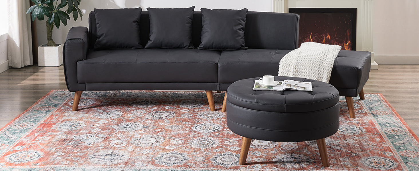 107" Contemporary Sofa Stylish Sofa Couch With A Round Storage Ottoman And Three Removable Pillows For Living Room, Black Black Pu