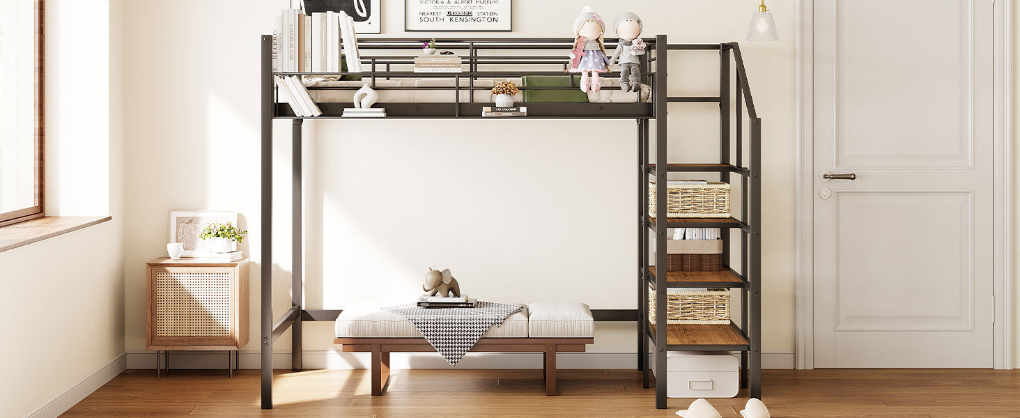 Twin Size Metal Loft Bed With Upper Grid Storage Shelf And Lateral Storage Ladder, Black Black Mdf Metal