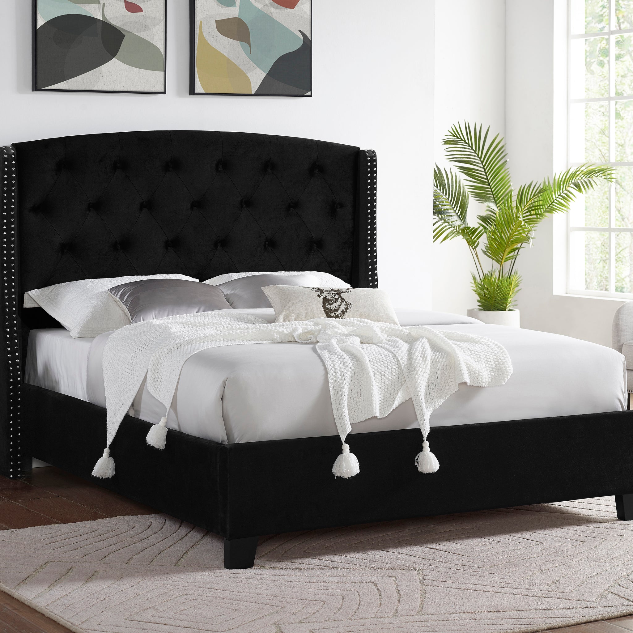 1Pc Contemporary Style Upholstered Fabric Button Tufting Trim Demi Wings Eva Bed Black Finish Wooden Bedroom Furniture Black Wood Fabric