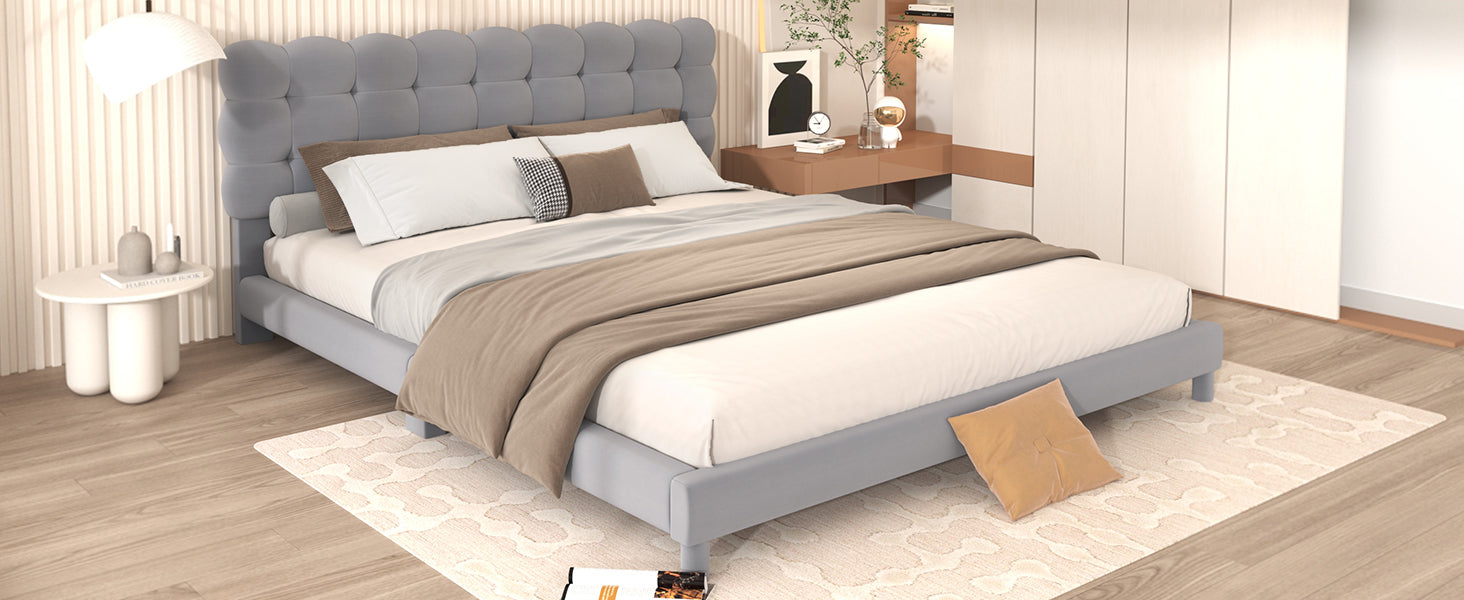 Queen Size Upholstered Platform Bed With Soft Headboard,Gray Gray Upholstered