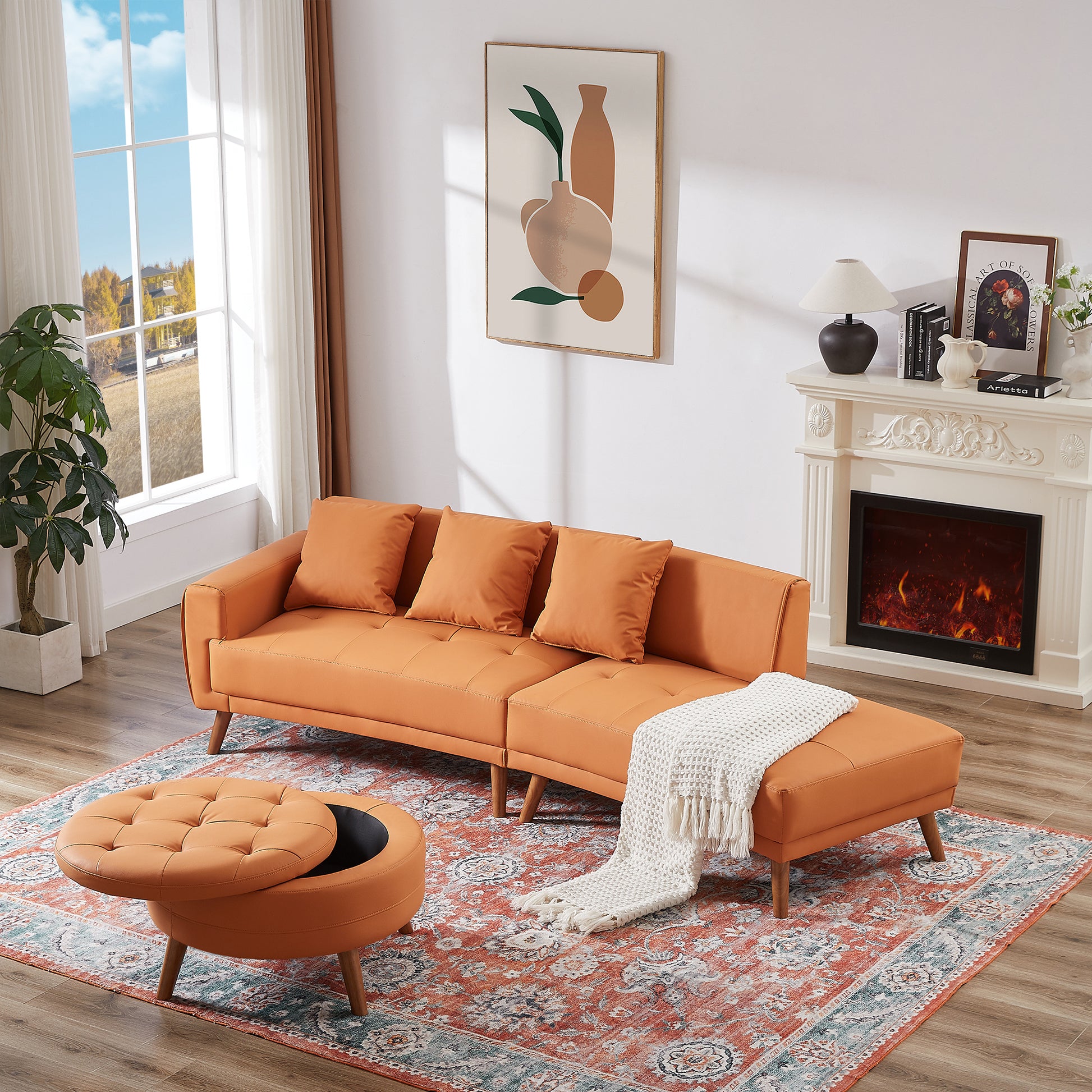 107" Contemporary Sofa Stylish Sofa Couch With A Round Storage Ottoman And Three Removable Pillows For Living Room, Orange Orange Pu
