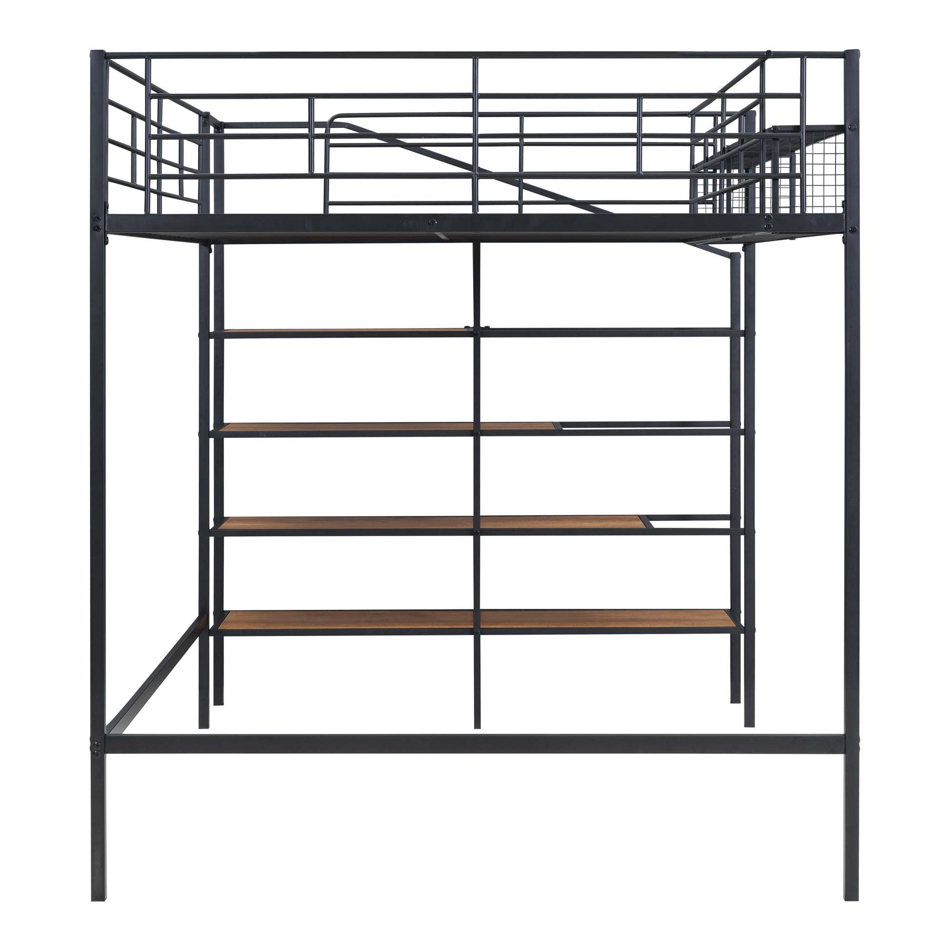 Full Size Metal Loft Bed With Upper Grid Storage Shelf And Lateral Storage Ladder, Black Black Mdf Metal