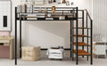 Full Size Metal Loft Bed With Upper Grid Storage Shelf And Lateral Storage Ladder, Black Black Mdf Metal