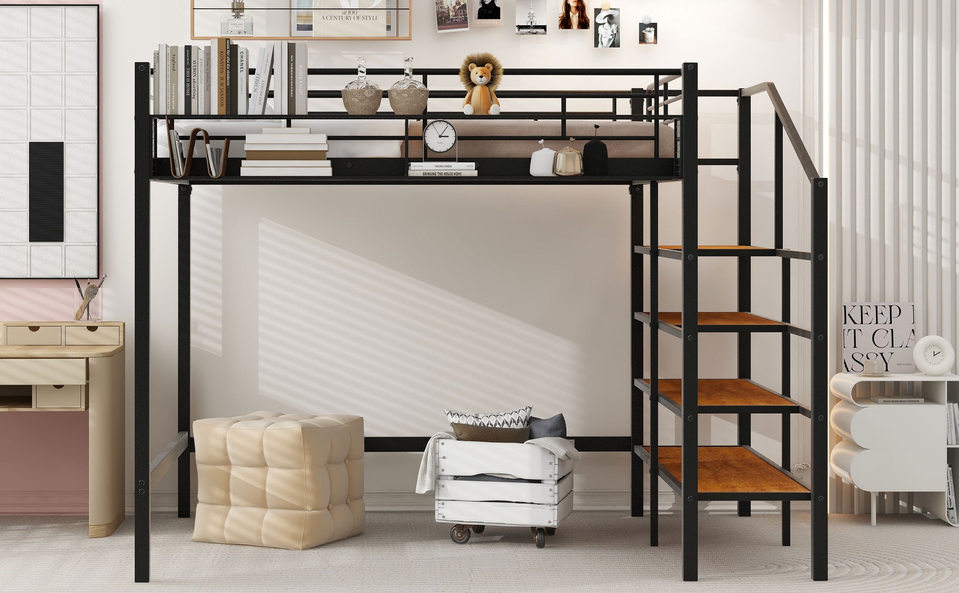 Full Size Metal Loft Bed With Upper Grid Storage Shelf And Lateral Storage Ladder, Black Black Mdf Metal