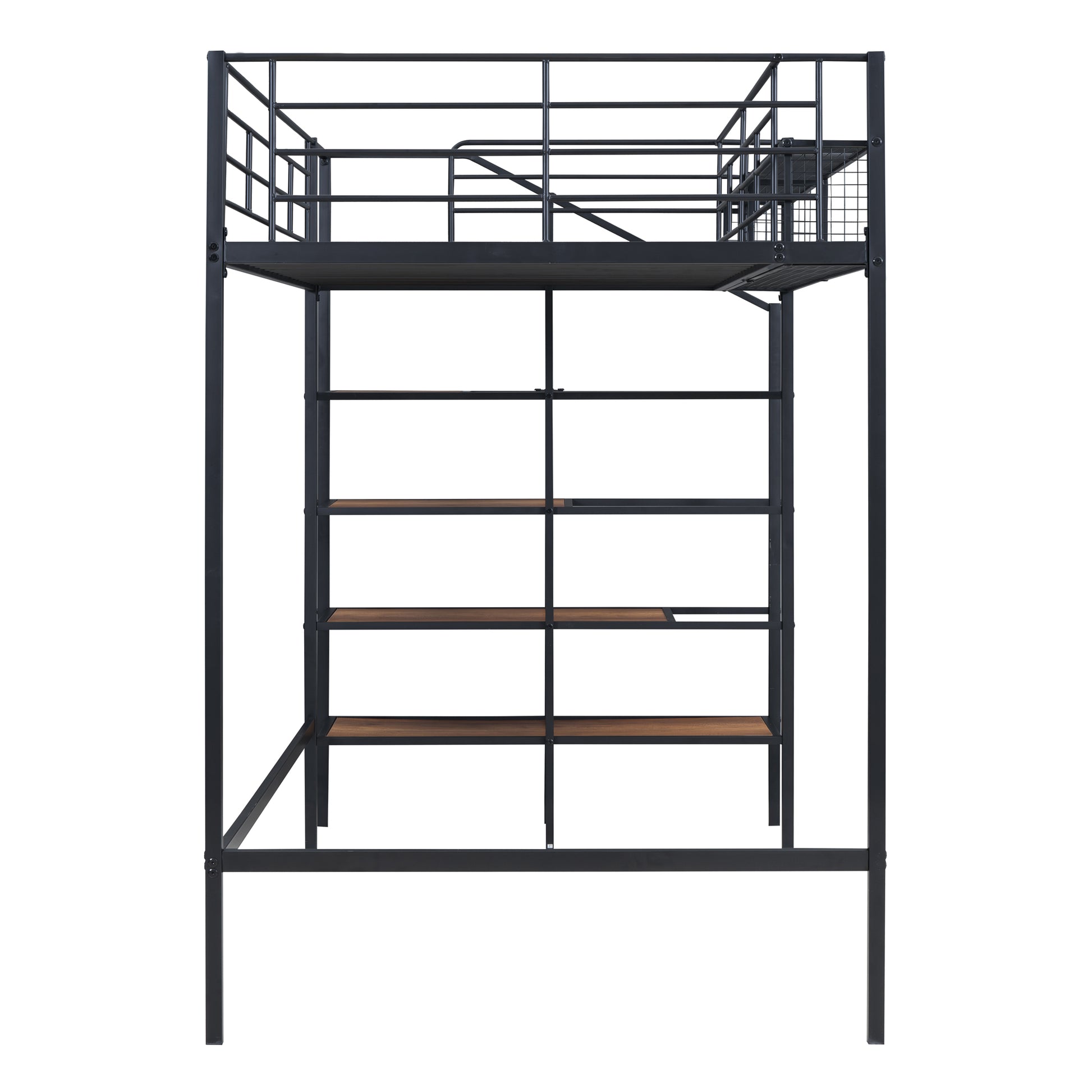 Twin Size Metal Loft Bed With Upper Grid Storage Shelf And Lateral Storage Ladder, Black Black Mdf Metal