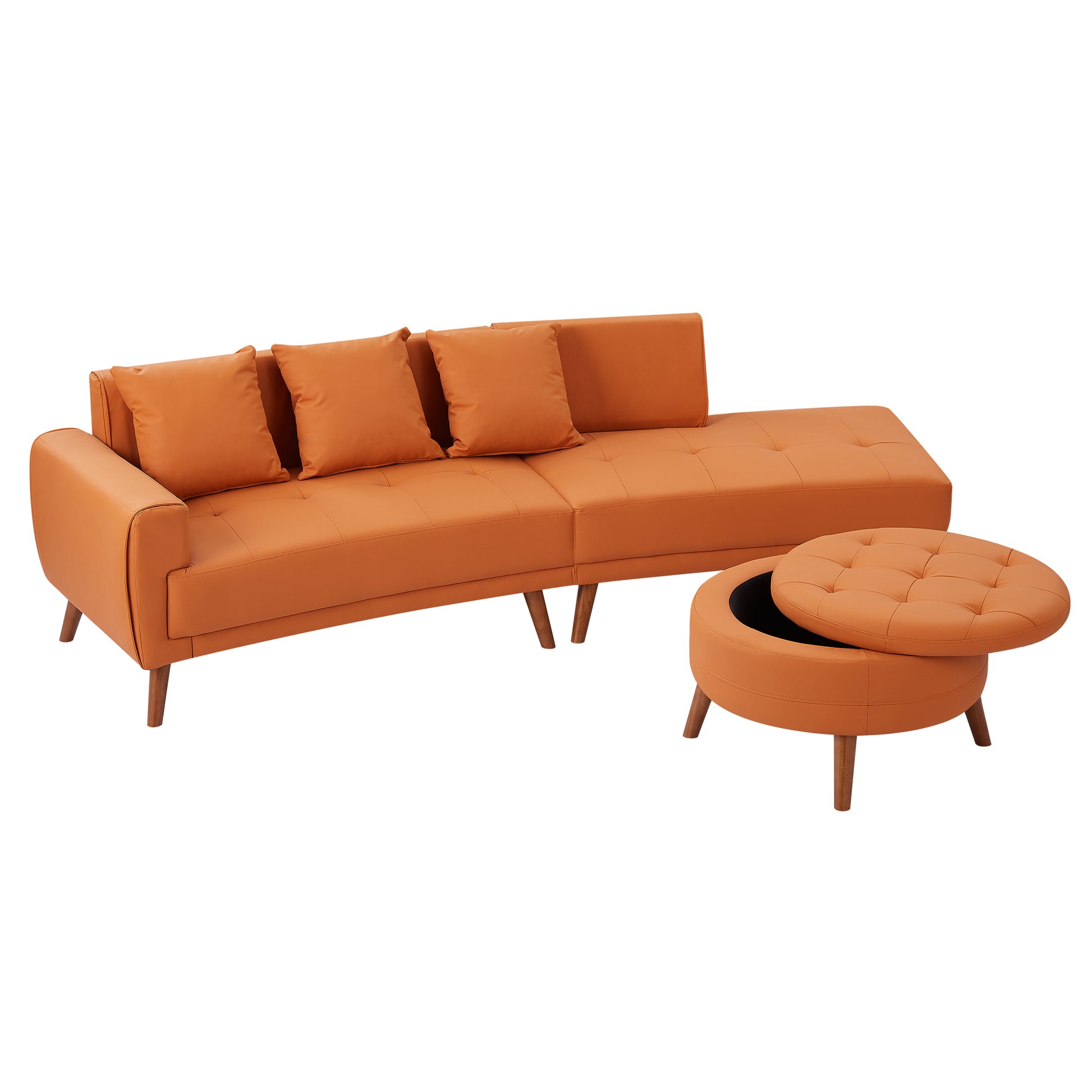 107" Contemporary Sofa Stylish Sofa Couch With A Round Storage Ottoman And Three Removable Pillows For Living Room, Orange Orange Pu