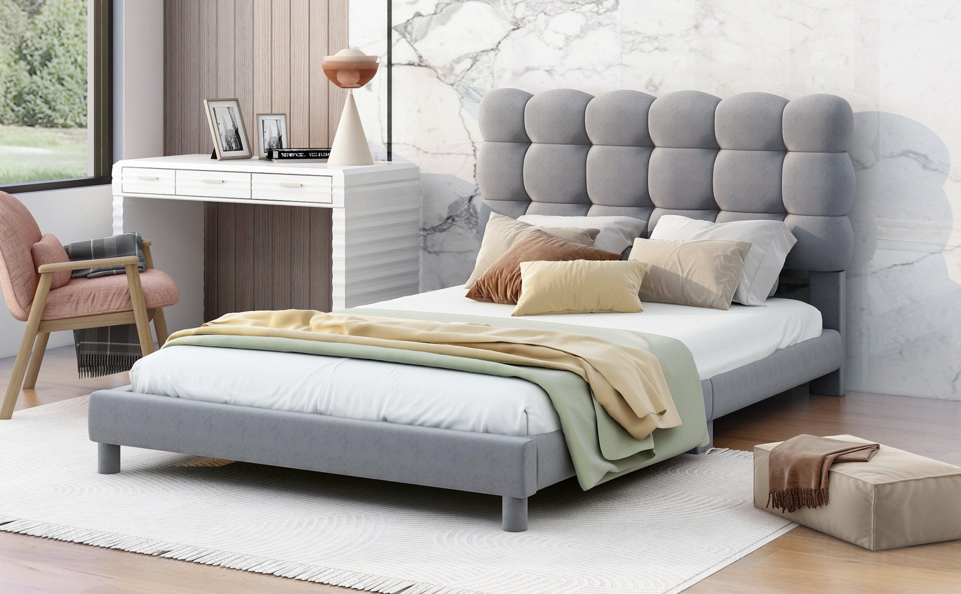 Twin Size Upholstered Platform Bed With Soft Headboard,Gray Gray Upholstered