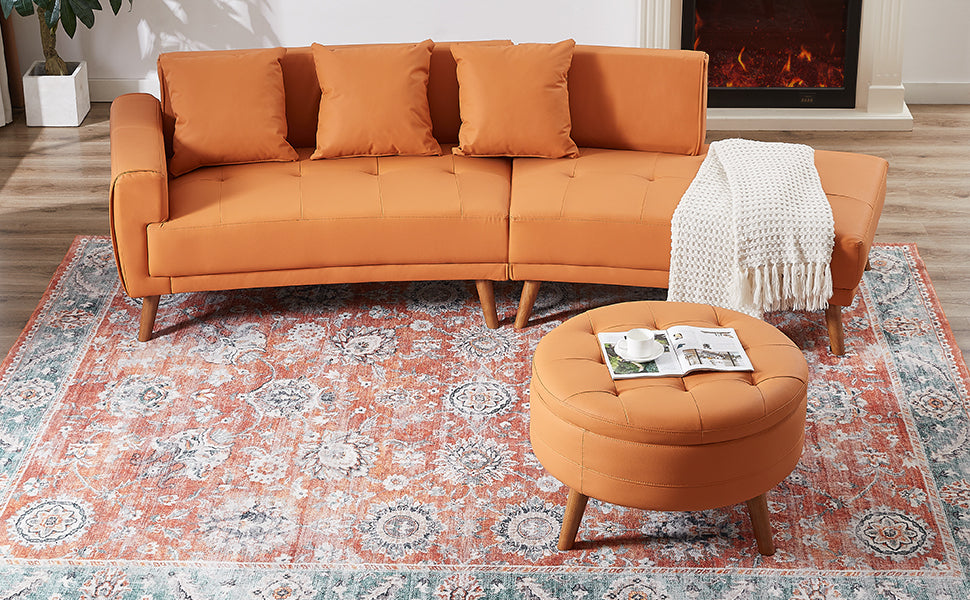 107" Contemporary Sofa Stylish Sofa Couch With A Round Storage Ottoman And Three Removable Pillows For Living Room, Orange Orange Pu