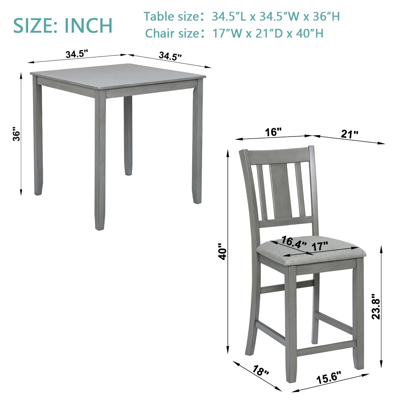 5 Piece Dining Table Set, Wooden Dining Square Table Set For 4, Counter Height Kitchen Table Set With Square Table And 4 Upholstered Chairs For Small Space, Gray Wood Gray Seats 4 Gray Wood Dining Room Acacia 4 Leg Square Dining Table With Chair Acacia