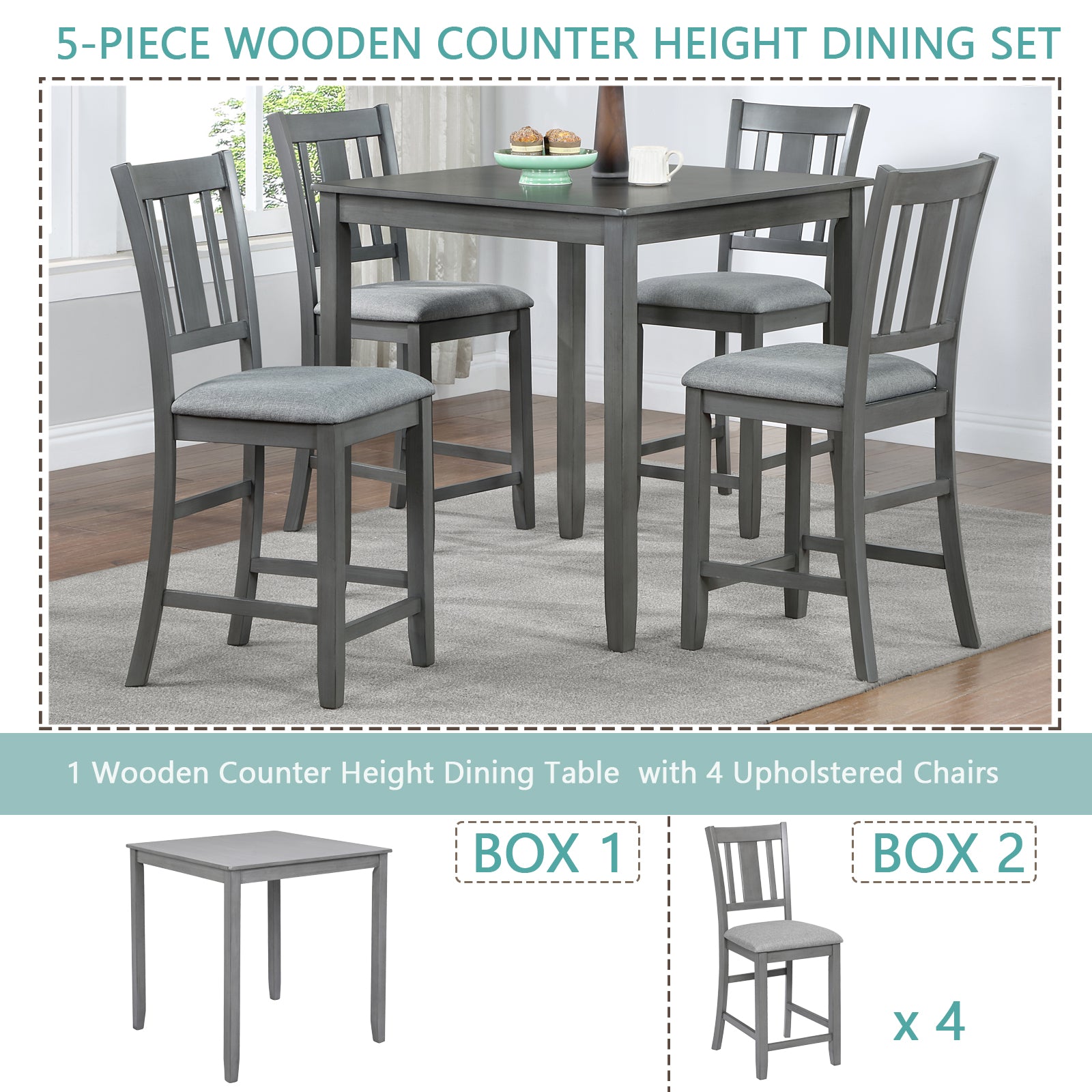 5 Piece Dining Table Set, Wooden Dining Square Table Set For 4, Counter Height Kitchen Table Set With Square Table And 4 Upholstered Chairs For Small Space, Gray Wood Gray Seats 4 Gray Wood Dining Room Acacia 4 Leg Square Dining Table With Chair Acacia