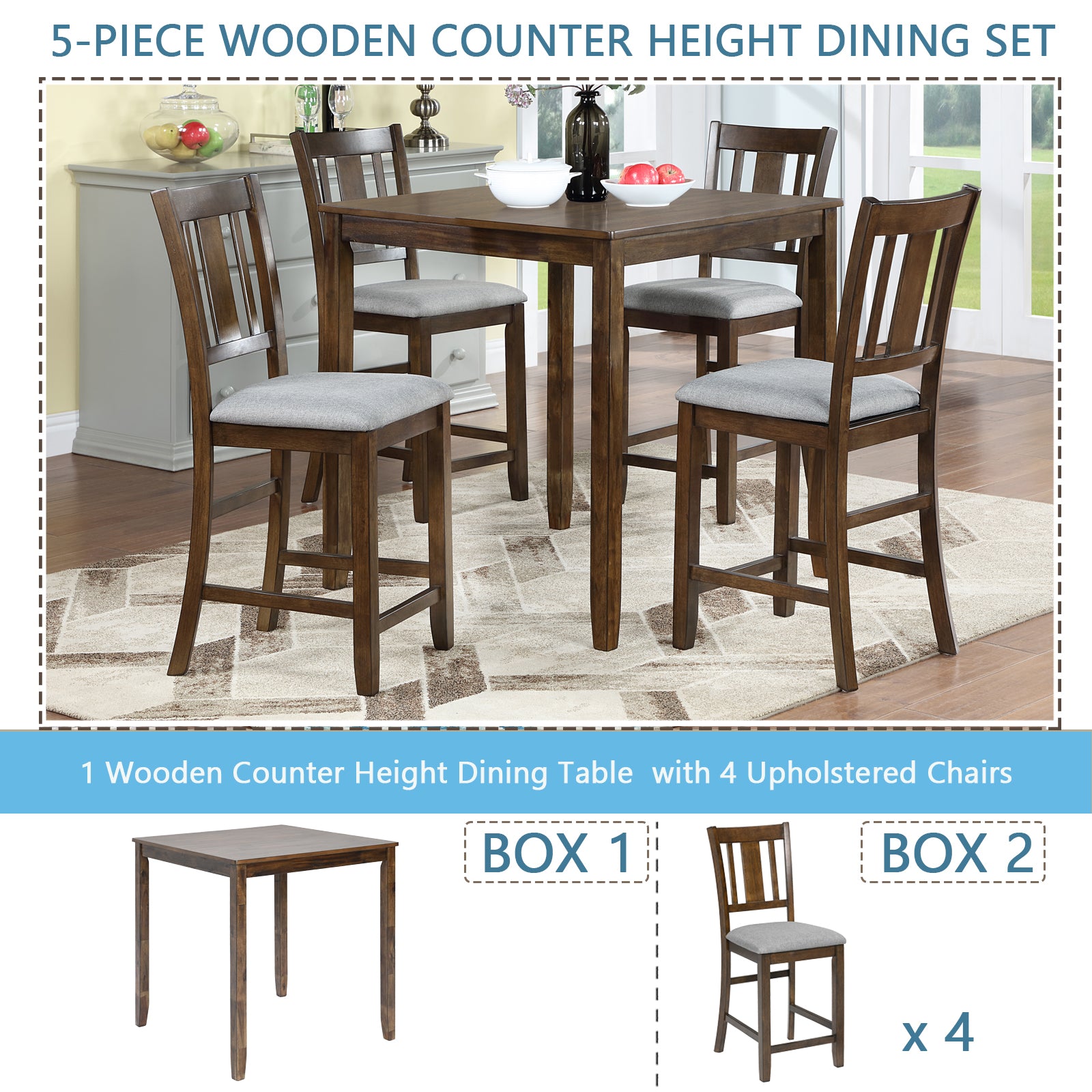 5 Piece Dining Table Set, Wooden Dining Square Table Set For 4, Counter Height Kitchen Table Set With Square Table And 4 Upholstered Chairs For Small Space, Walnut Wood Walnut Seats 4 Gray Wood Dining Room Acacia 4 Leg Square Dining Table With Chair