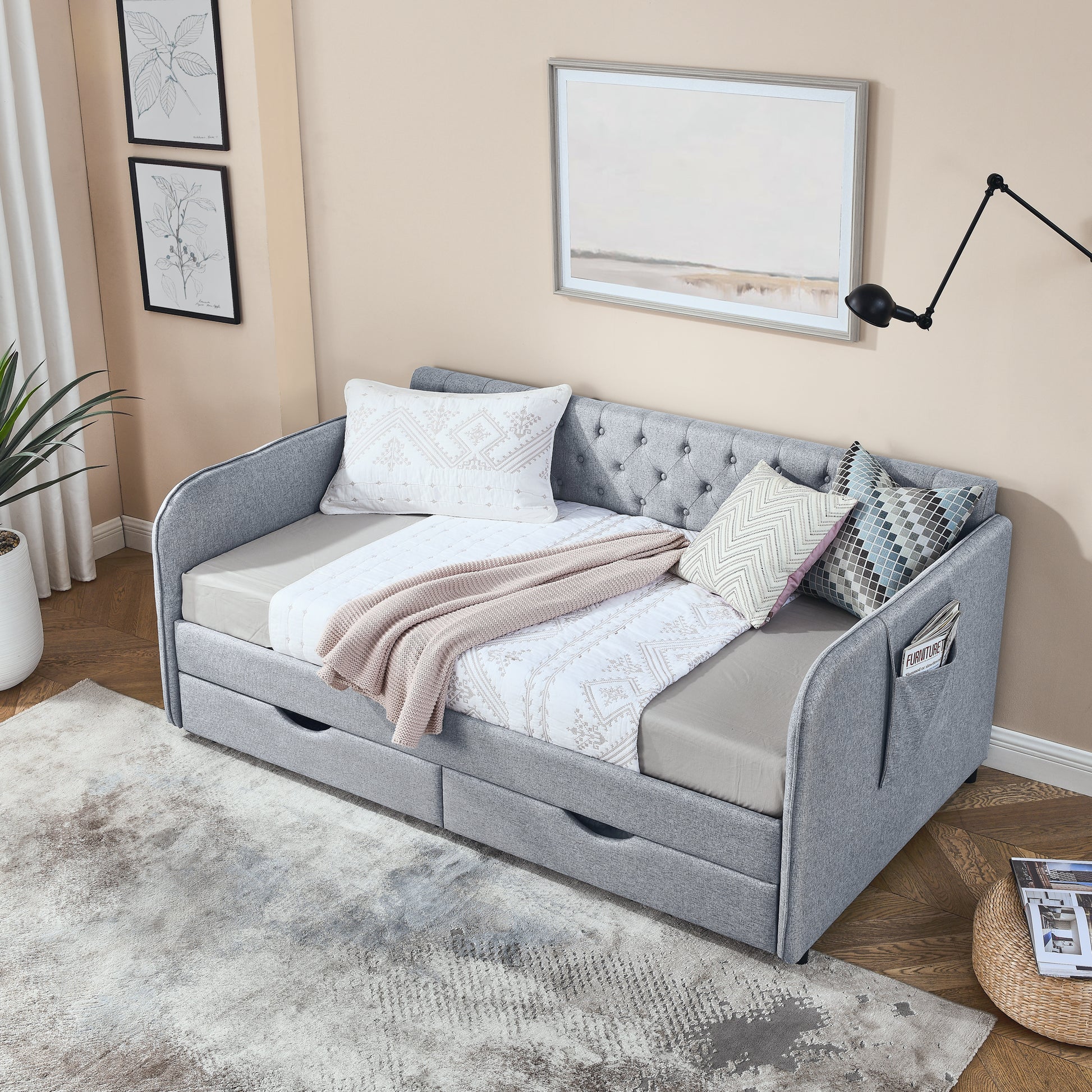 Twin Size Upholstery Daybed With Trundle Bed And Two Storage Drawersflat Arms With Pocket, Extendable Daybed For Bedroom Living Room,Linen Grey Grey Linen