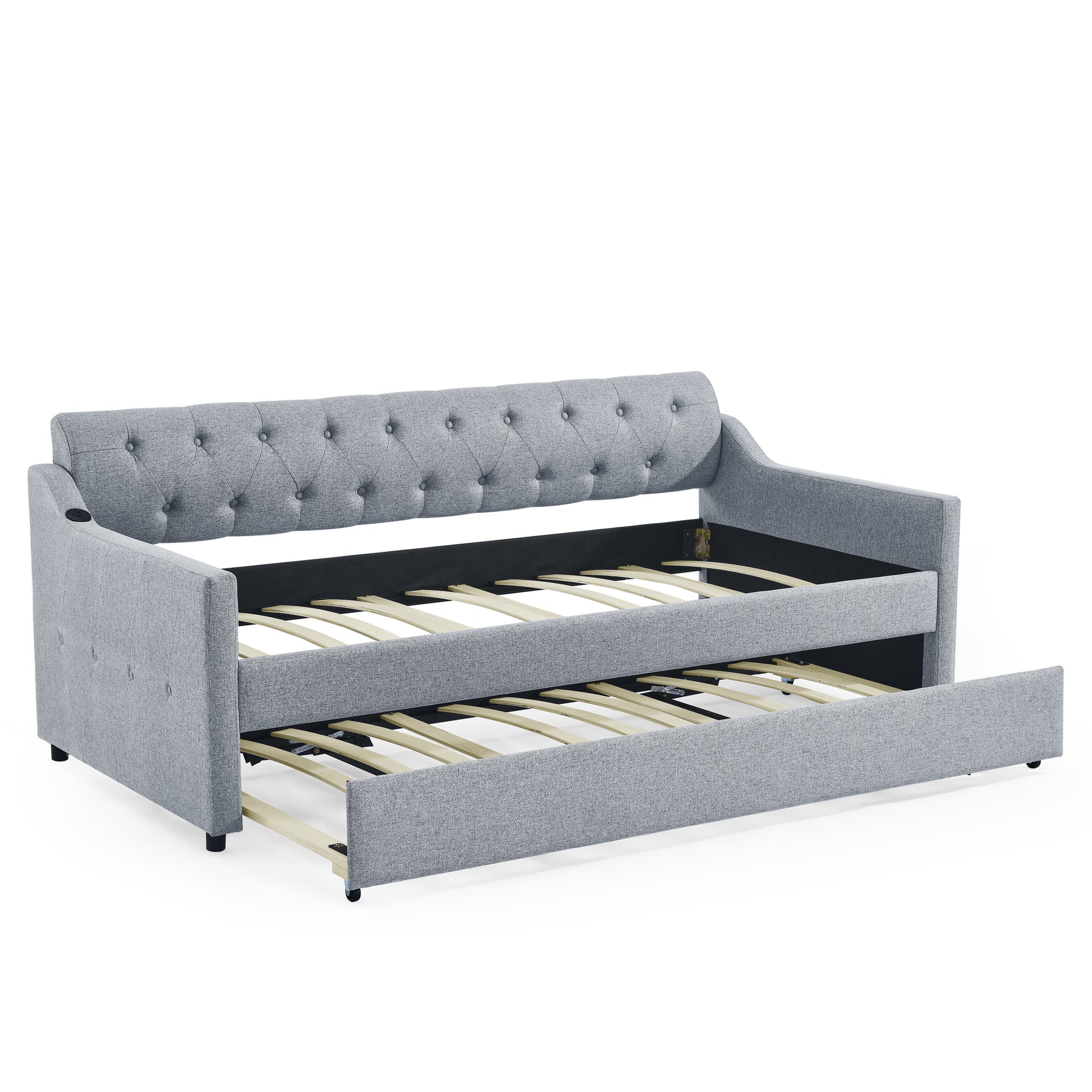 Twin Size Upholstery Daybed With Twin Size Erectable Trundle And Usb Charging Design, Linen Grey Twin Grey Linen