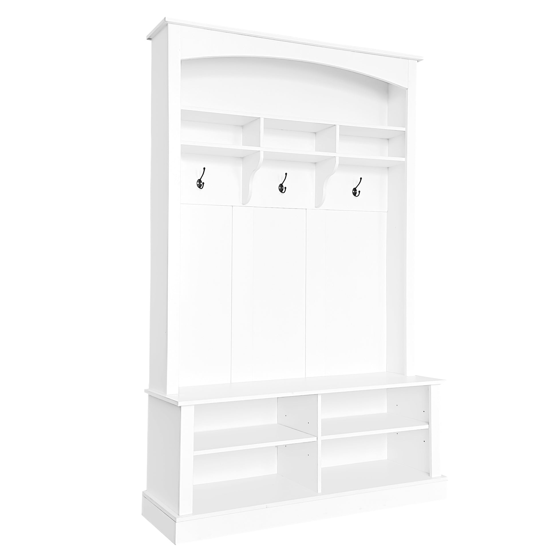 47.2'' Wide Hall Tree With Bench And Shoe Storage, Multi Functional Storage Bench With 3 Hanging Hooks & Open Storage Space, Rectangle Storage & Shelves Coat Rack For Hallway, White White Primary Living Space Shelves Particle Board