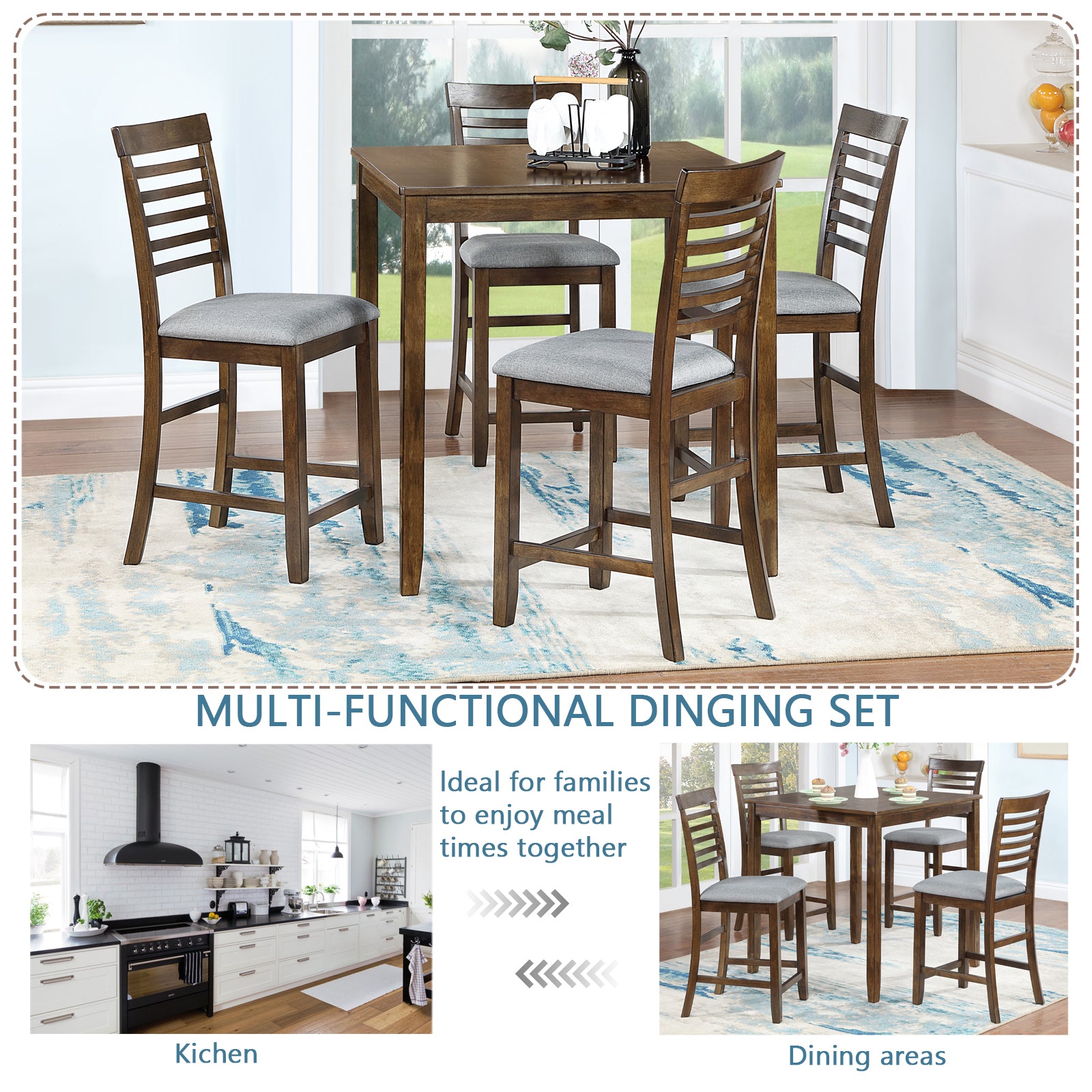 5 Piece Dining Table Set, Wooden Dining Square Table Set For 4, Counter Height Kitchen Table Set With Square Table And 4 Upholstered Chairs For Small Space, Walnut Wood Walnut Seats 4 Gray Wood Dining Room Acacia 4 Leg Square Dining Table With Chair