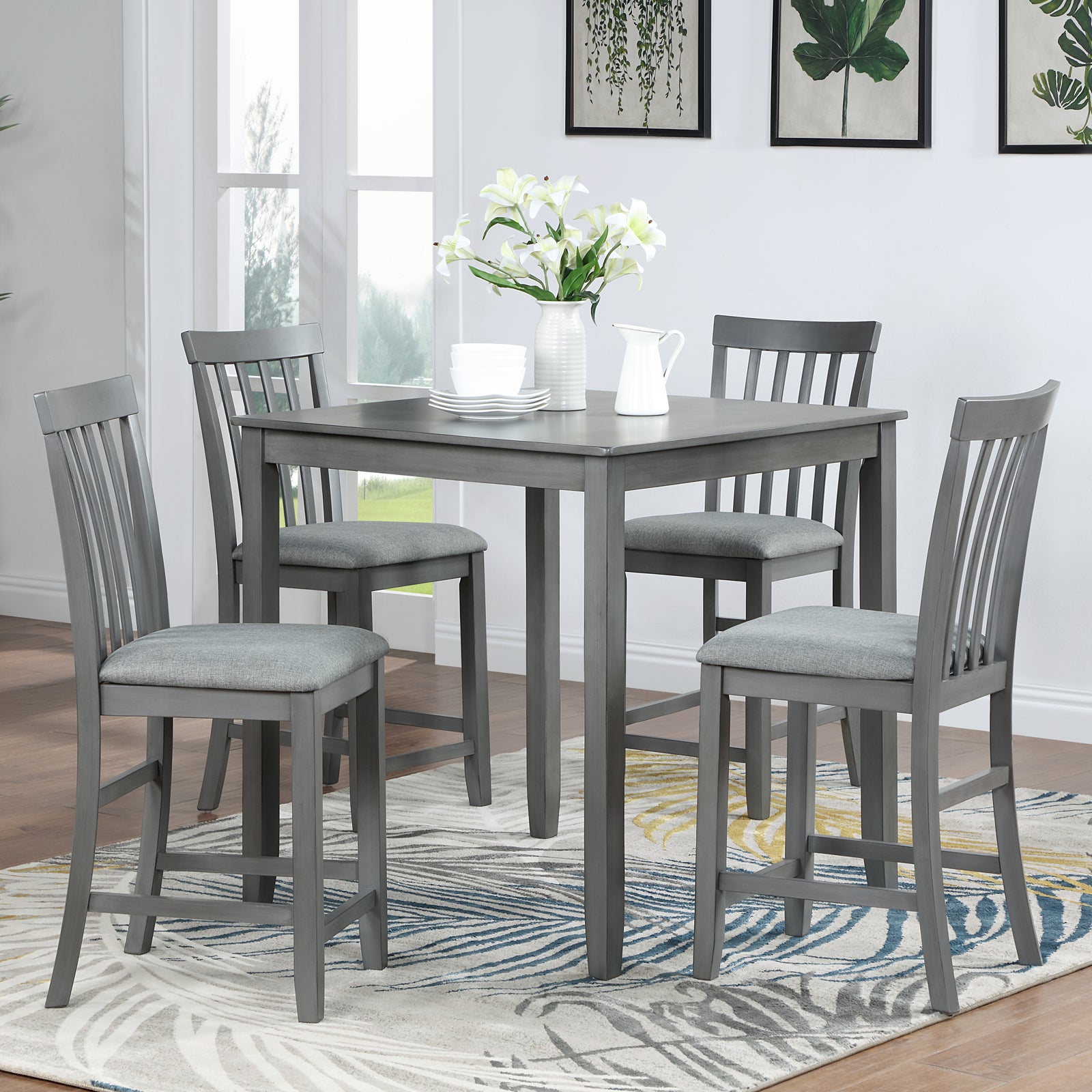5 Piece Dining Table Set, Wooden Dining Square Table Set For 4, Counter Height Kitchen Table Set With Square Table And 4 Upholstered Chairs For Small Space, Gray Wood Gray Seats 4 Gray Wood Dining Room Acacia 4 Leg Square Dining Table With Chair Acacia