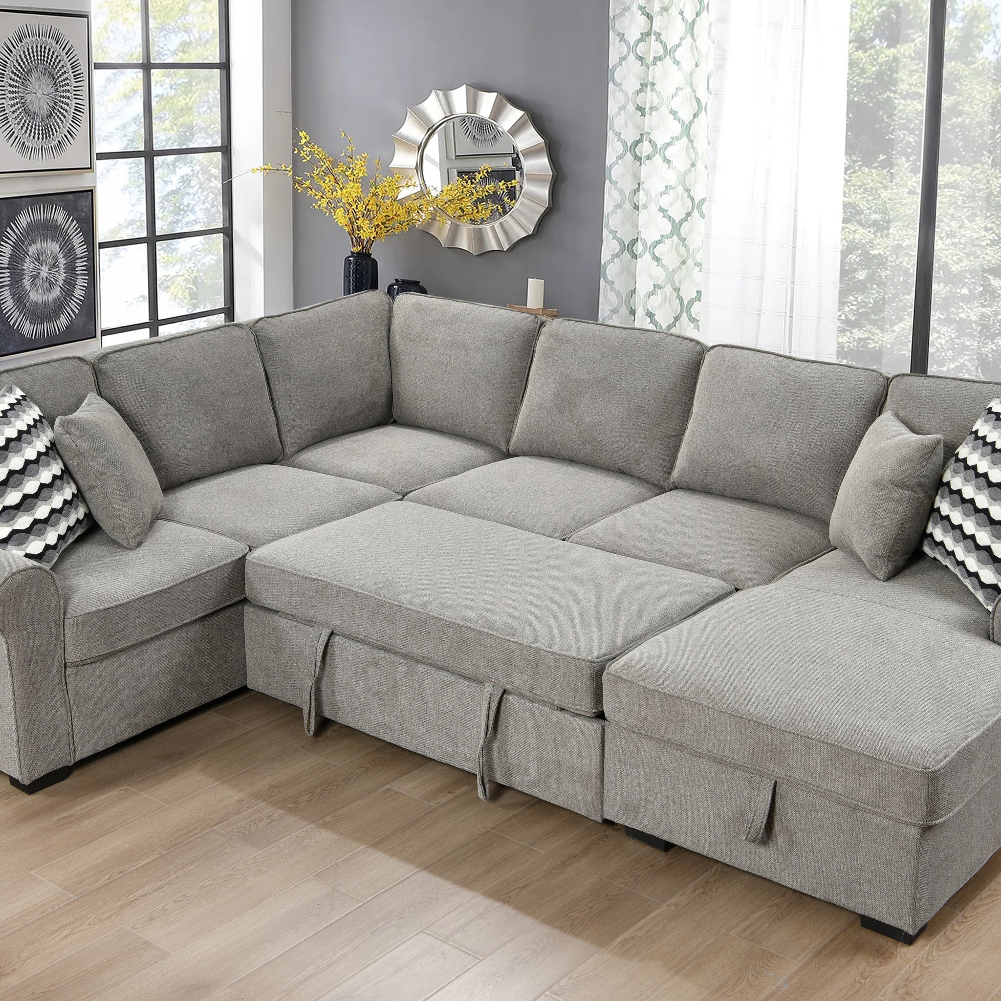 117" Oversized Sectional Sofa With Storage Chaise, Rolled Arms U Shaped Sectional Couch ,Removable Soft Backrest Cushions, With 4 Throw Pillows For Large Space Dorm Apartment,Light Gray Light Brown Wood Primary Living Space Heavy Duty Eucalyptus 7 Seat