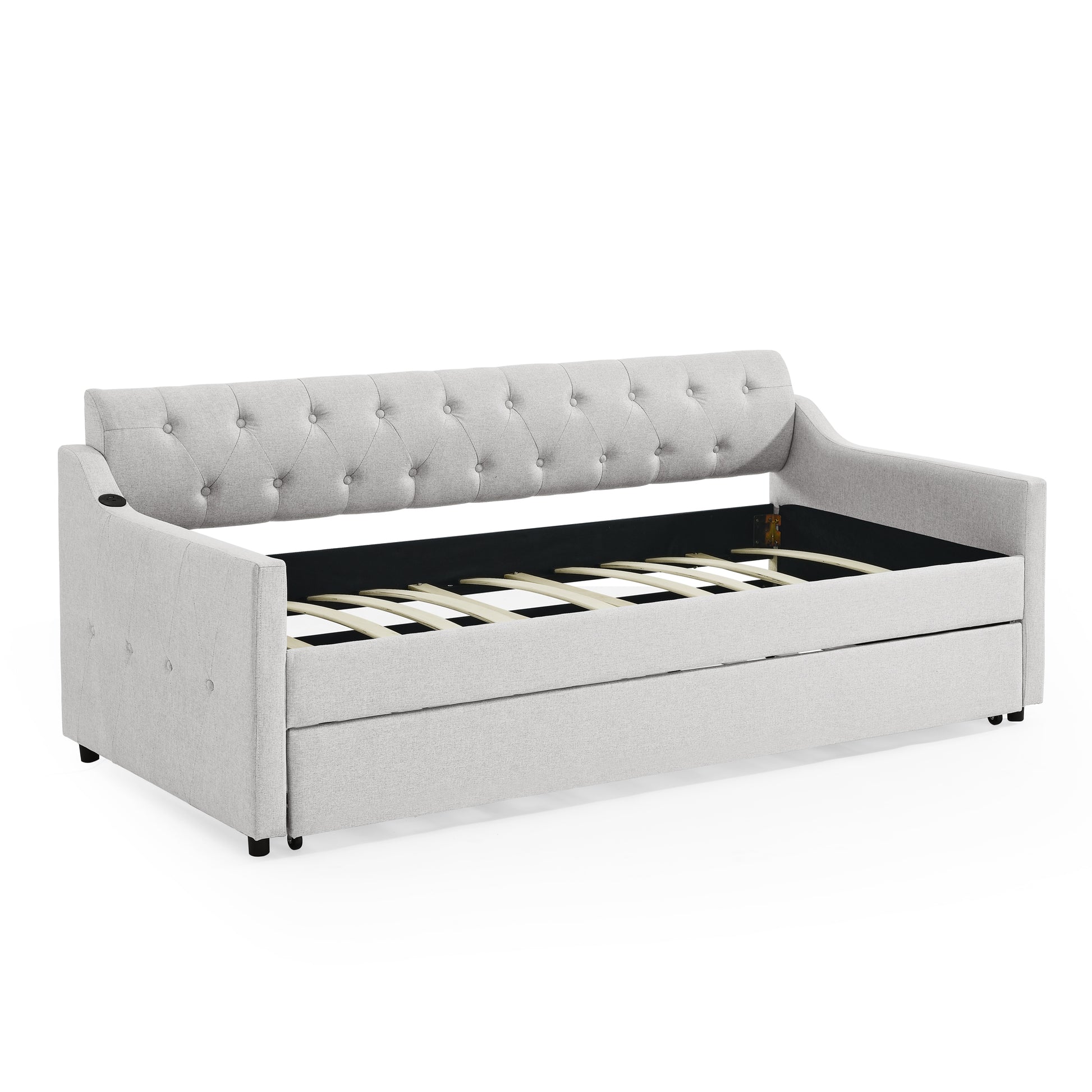 Twin Size Upholstery Daybed With Twin Size Erectable Trundle And Usb Charging Design, Linen Beige Twin Beige Linen