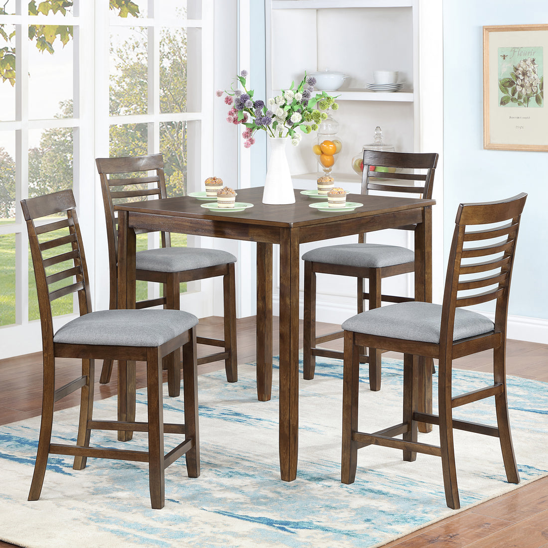 5 Piece Dining Table Set, Wooden Dining Square Table Set For 4, Counter Height Kitchen Table Set With Square Table And 4 Upholstered Chairs For Small Space, Walnut Wood Walnut Seats 4 Gray Wood Dining Room Acacia 4 Leg Square Dining Table With Chair