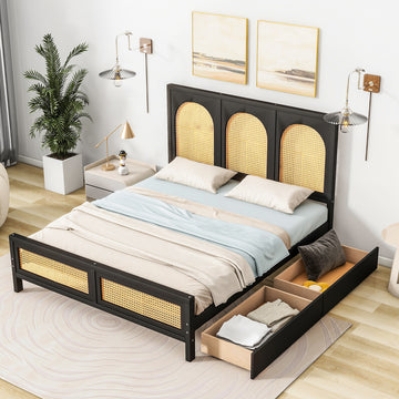 Full Size Wood Storage Platform Bed With 2 Drawers, Rattan Headboard And Footboard, Black Box Spring Not Required Full Black Wood Bathroom Wood Rattan