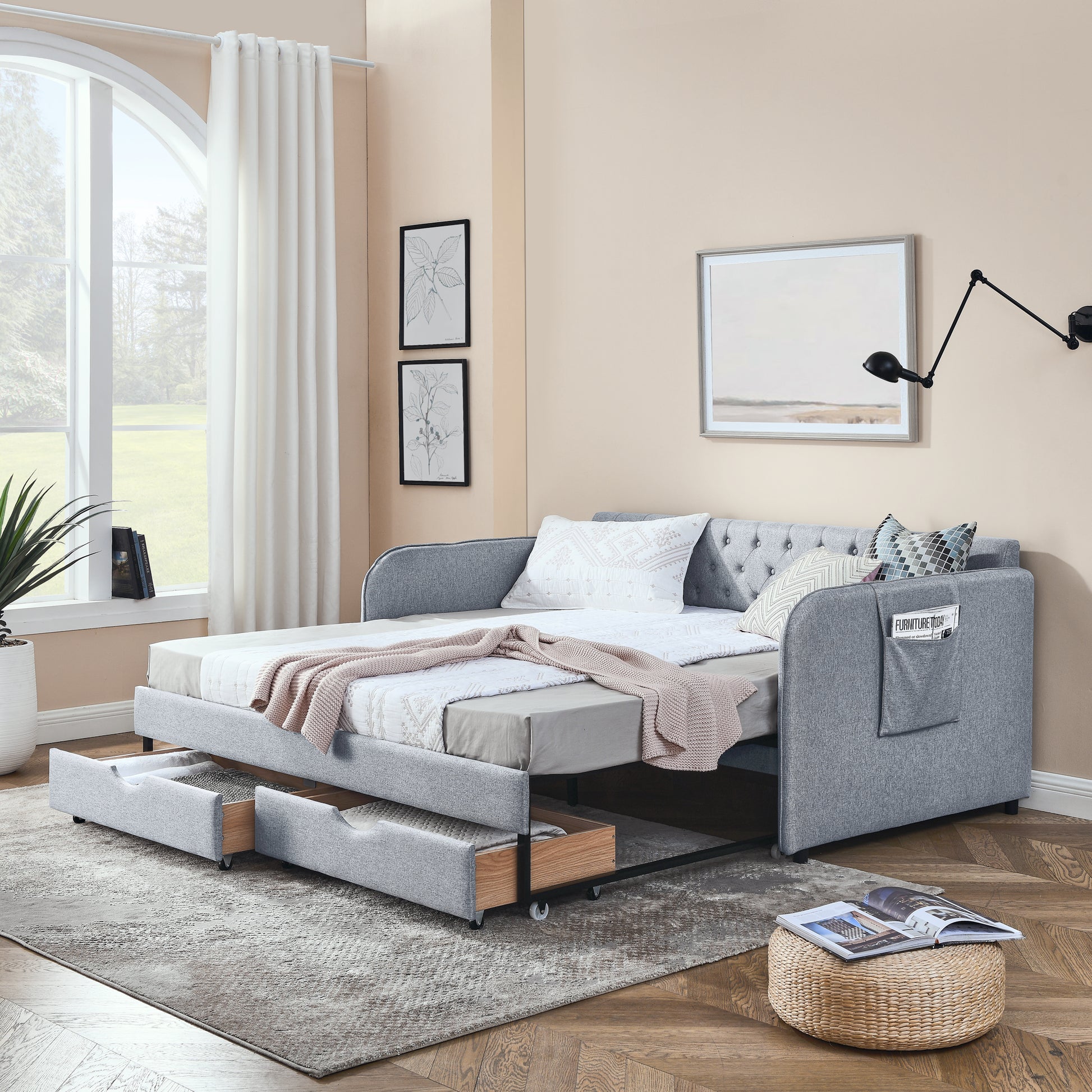 Twin Size Upholstery Daybed With Trundle Bed And Two Storage Drawersflat Arms With Pocket, Extendable Daybed For Bedroom Living Room,Linen Grey Grey Linen