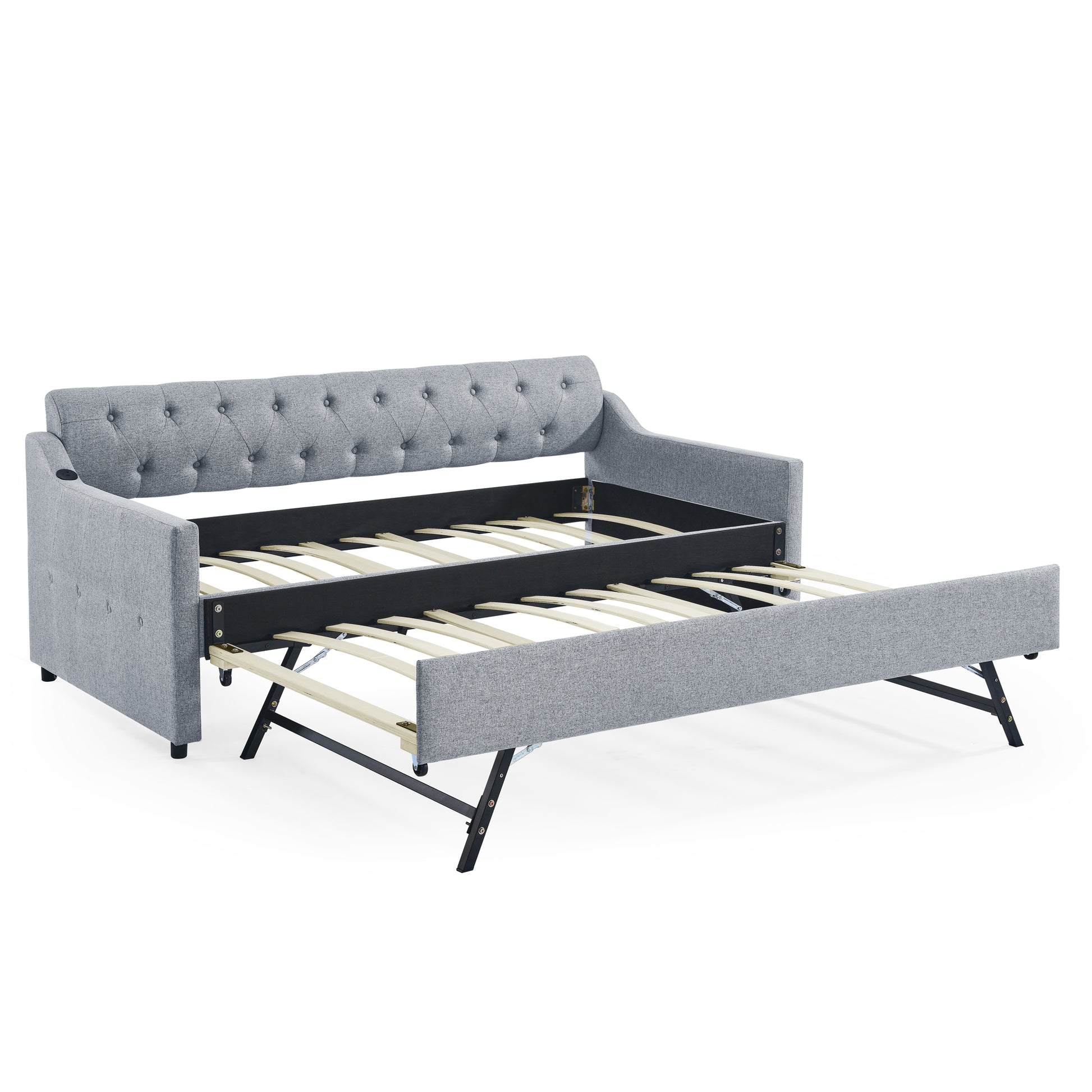 Twin Size Upholstery Daybed With Twin Size Erectable Trundle And Usb Charging Design, Linen Grey Twin Grey Linen