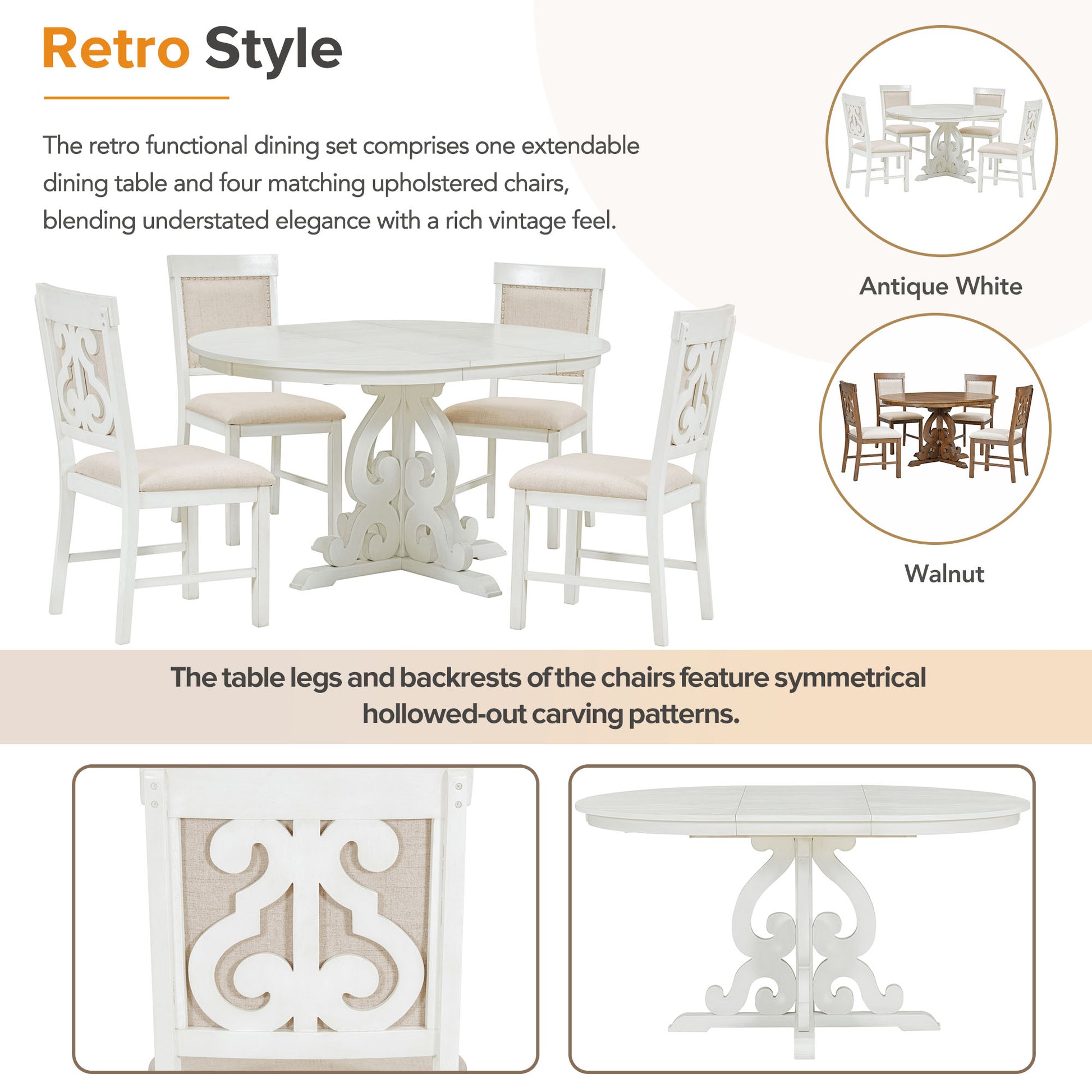 5 Piece Retro Functional Dining Set, 1 Extendable Table With A 16 Inch Leaf And 4 Upholstered Chairs For Dining Room And Kitchen Antique White Antique White Solid Wood